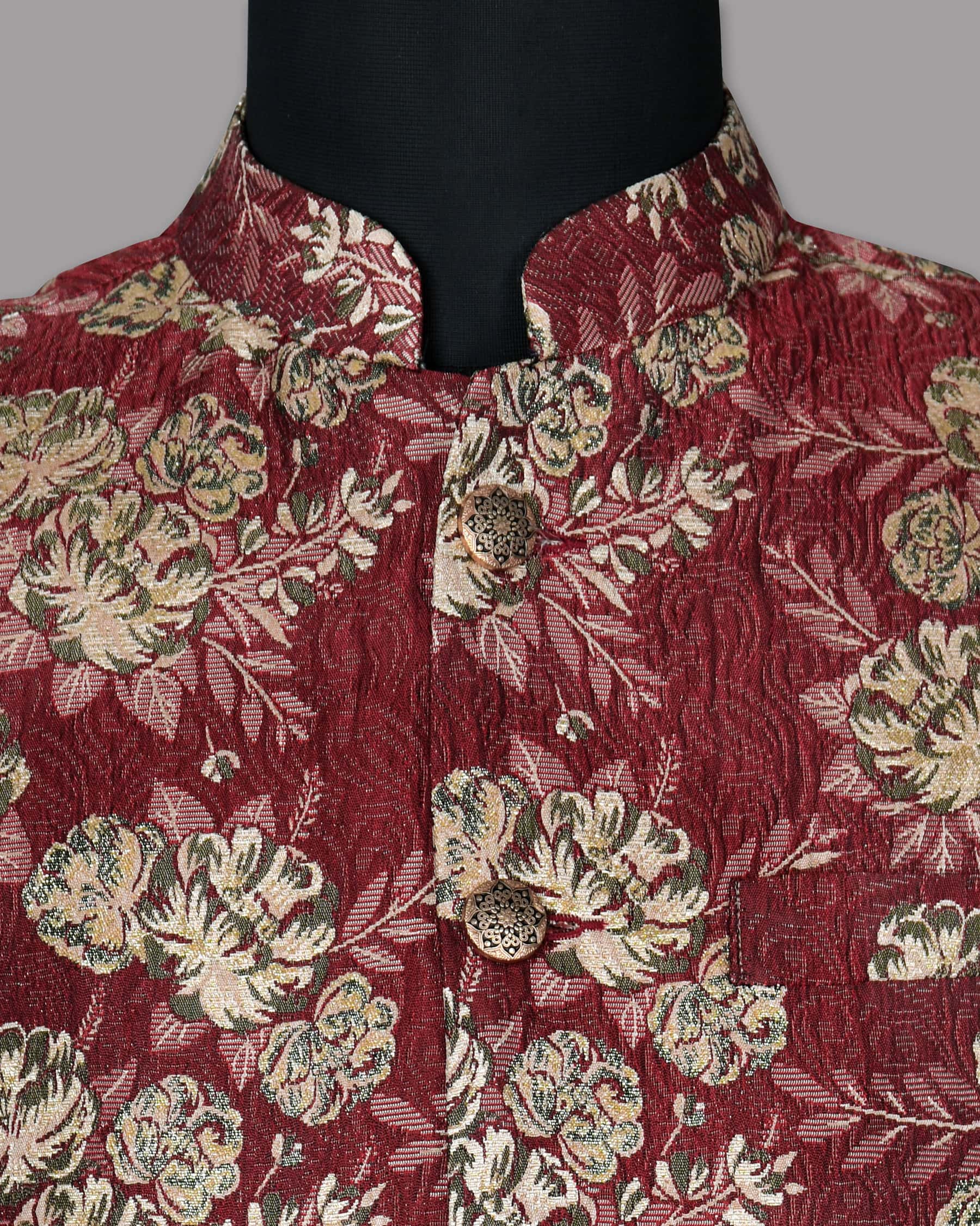 Red with Golden Flower Jacquard Designer Nehru Jacket