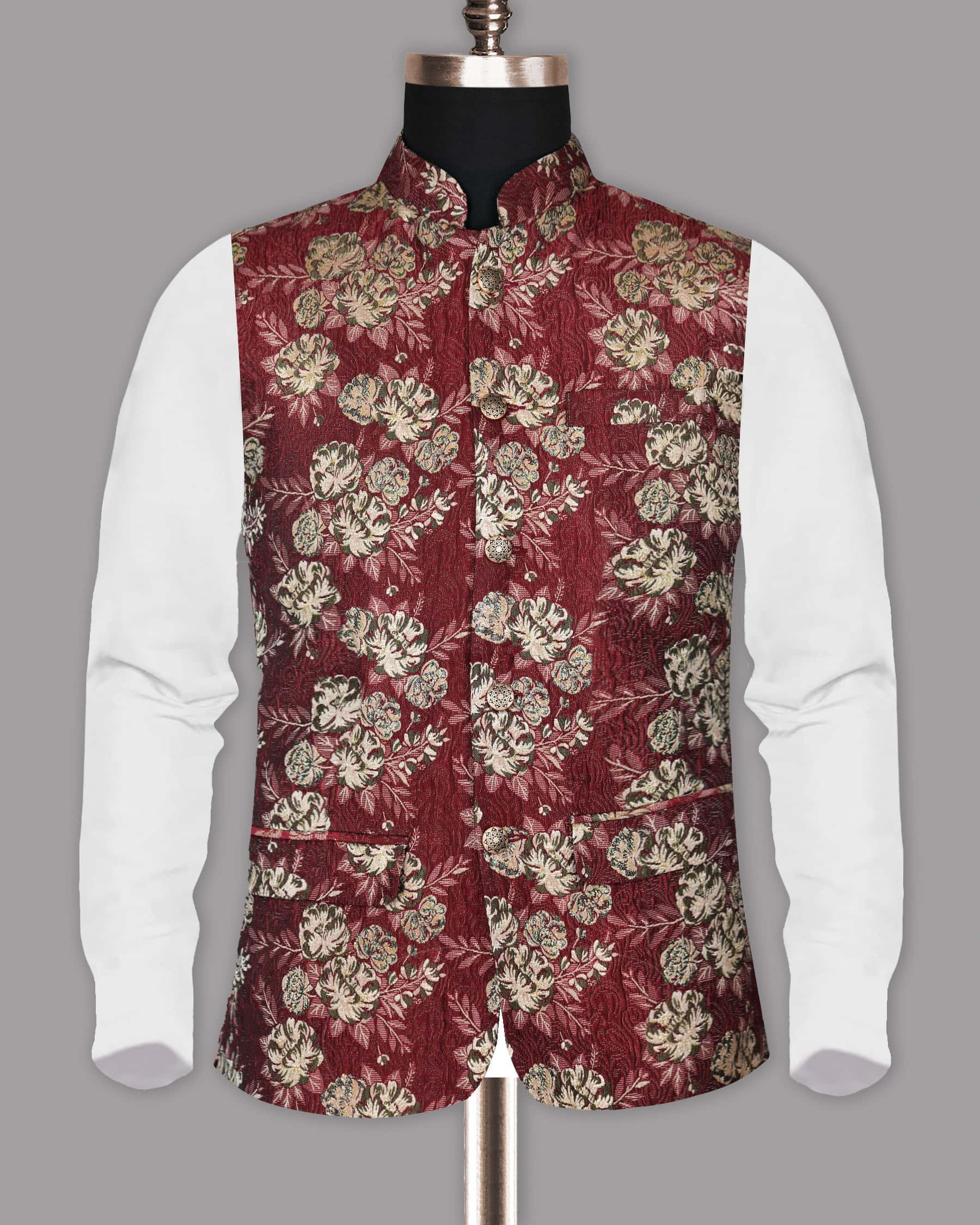 Red with Golden Flower Jacquard Designer Nehru Jacket