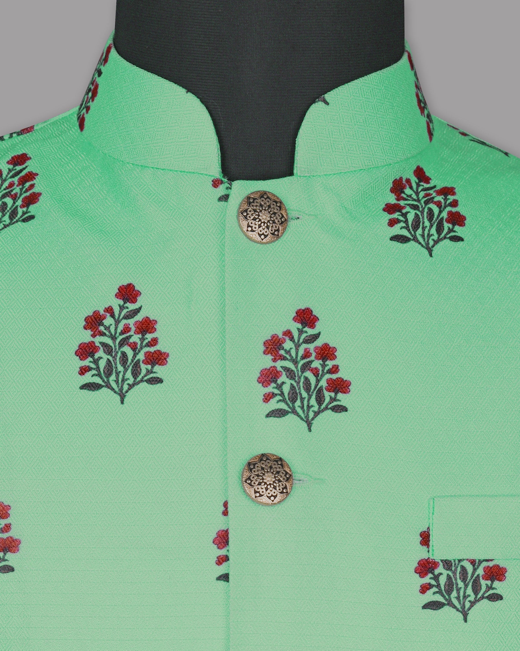 Turquois Flower Patterned and Subtle Textured Designer Nehru Jacket