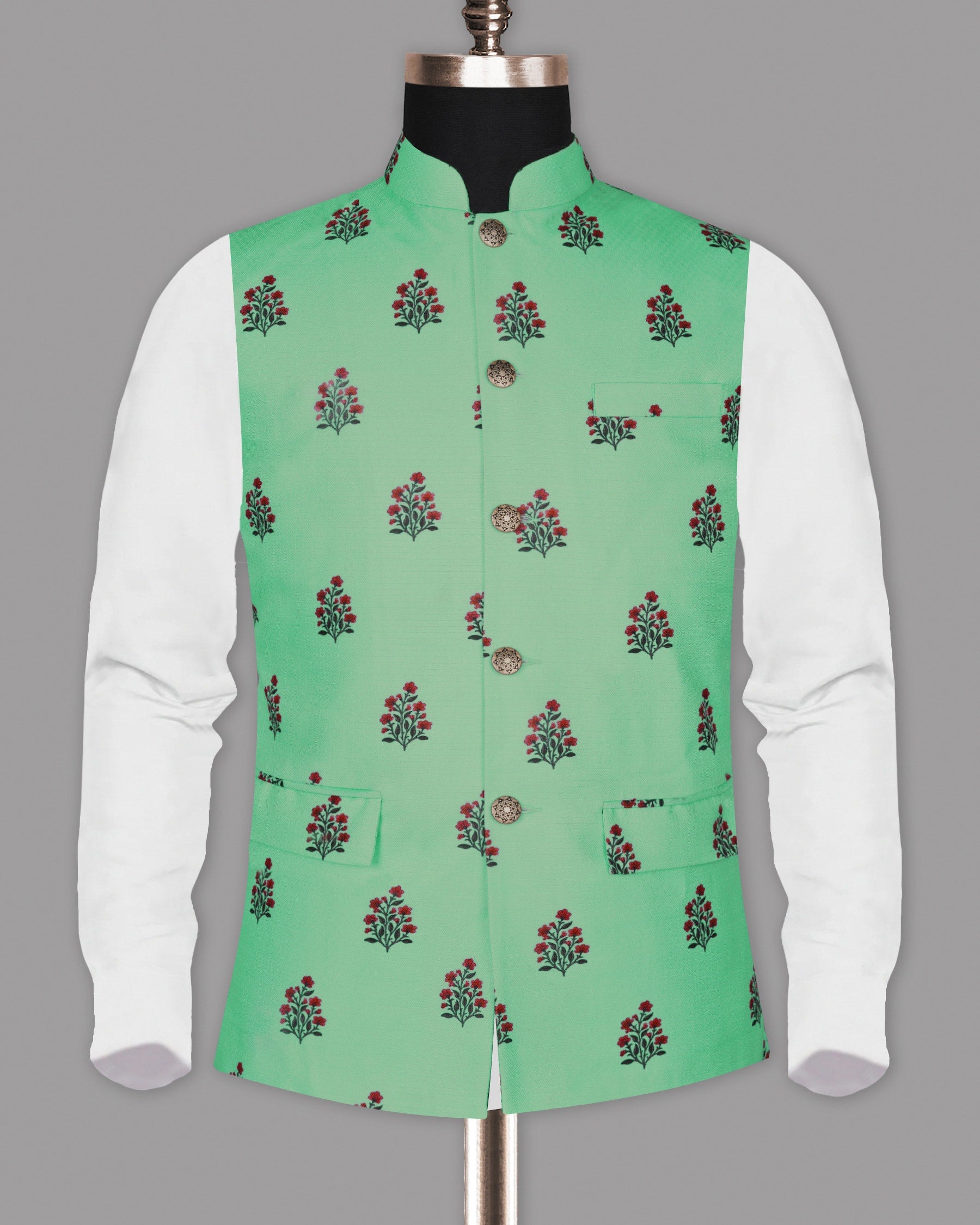 Turquois Flower Patterned and Subtle Textured Designer Nehru Jacket