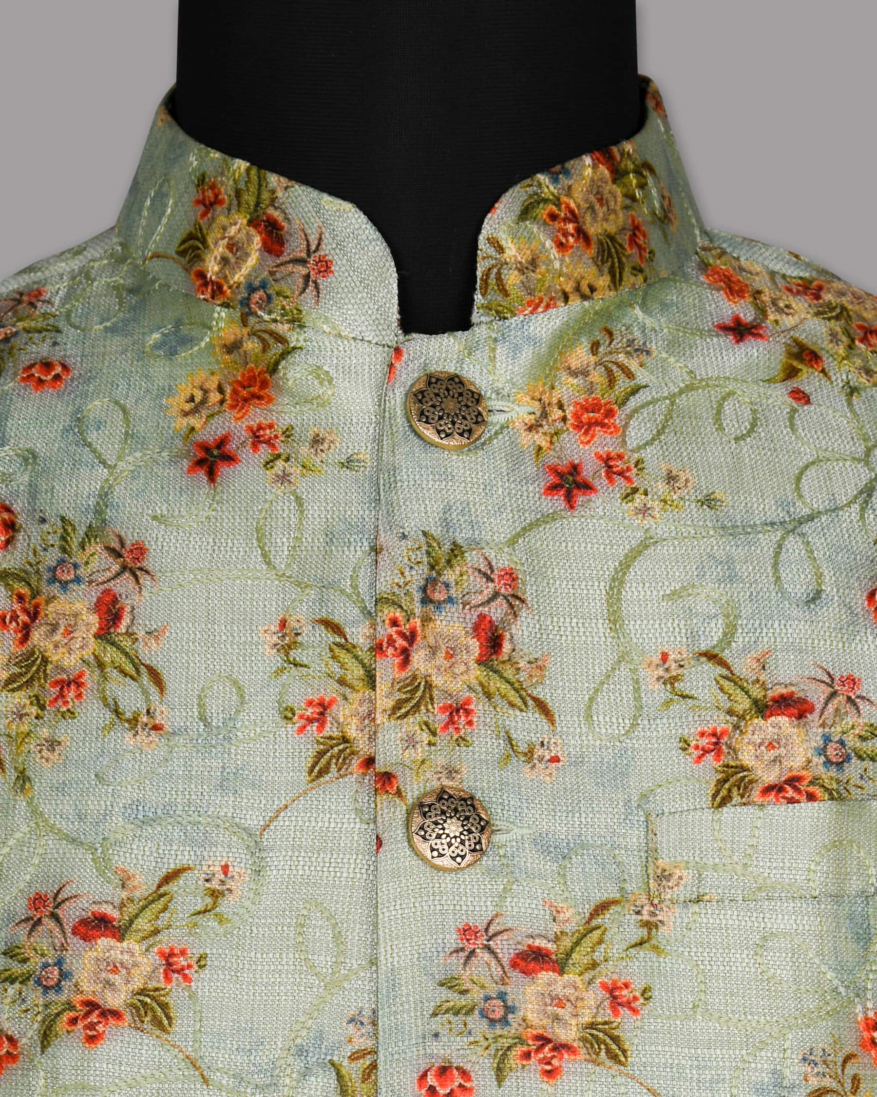 Mint Flower Patterned and Jacquard Textured Designer Nehru Jacket