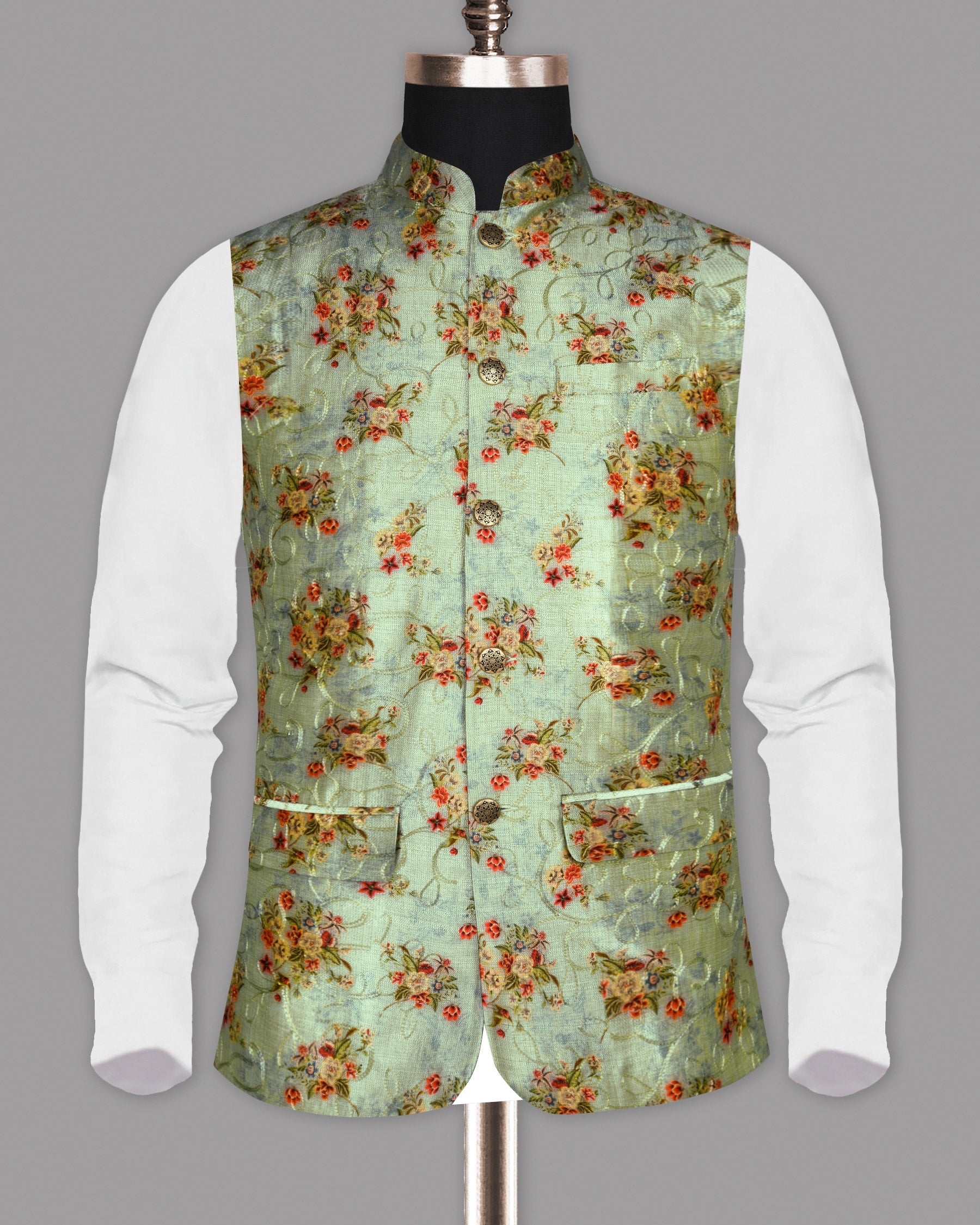 Mint with Tonal Embroidered and Red Flowers Printed Premium Designer Nehru Jacket