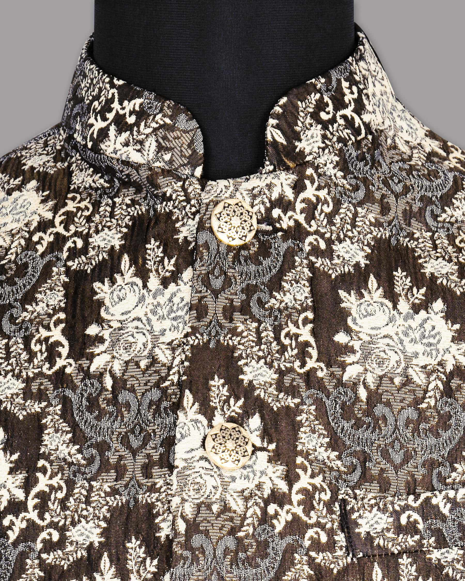 Brown with Cream and Grey Rose Jacquard Premium Designer Nehru Jacket