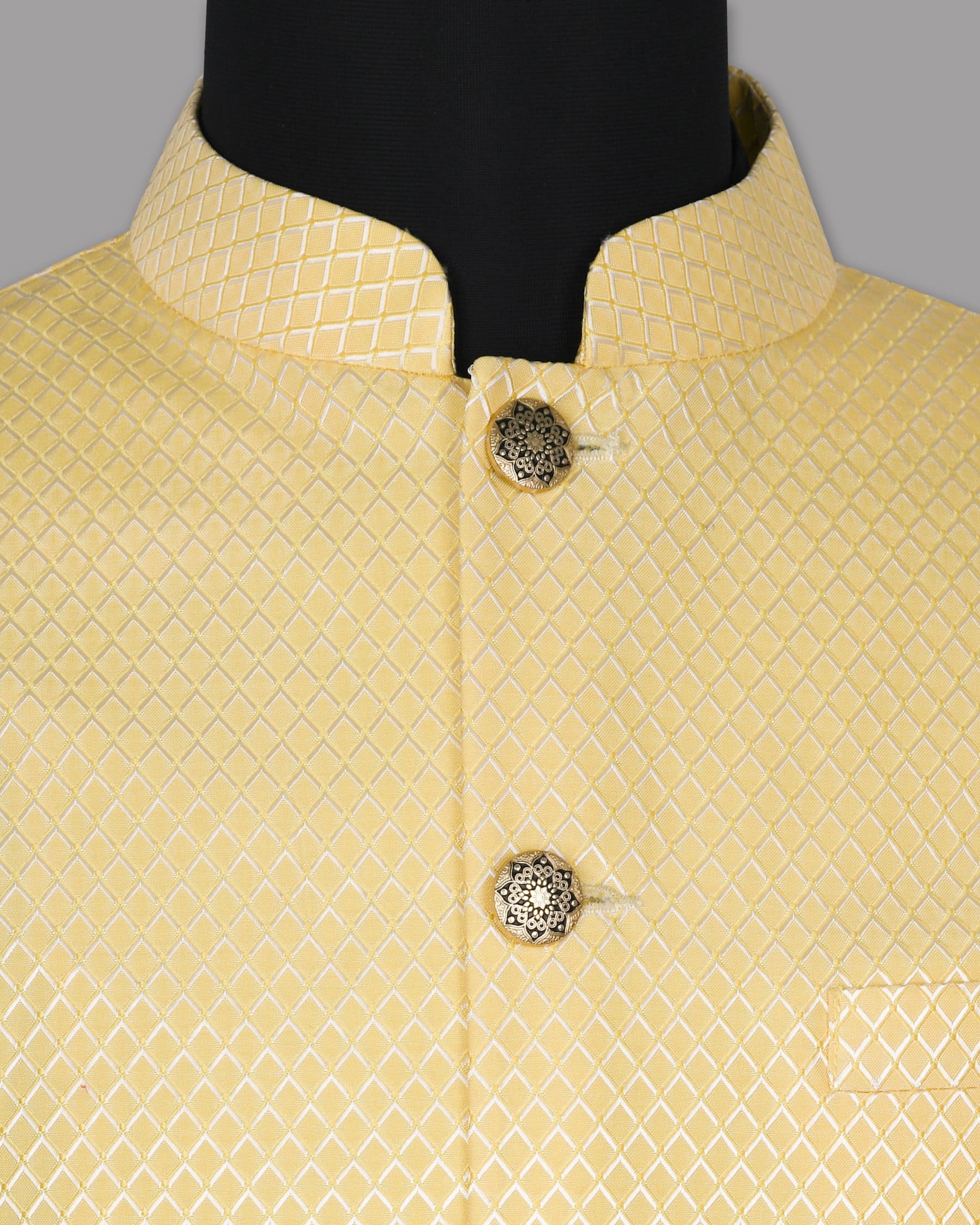 Butter Yellow Jacquard Textured Designer Nehru Jacket