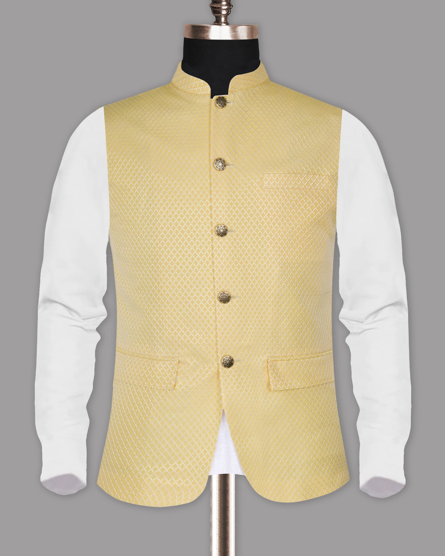 Butter Yellow Jacquard Textured Designer Nehru Jacket