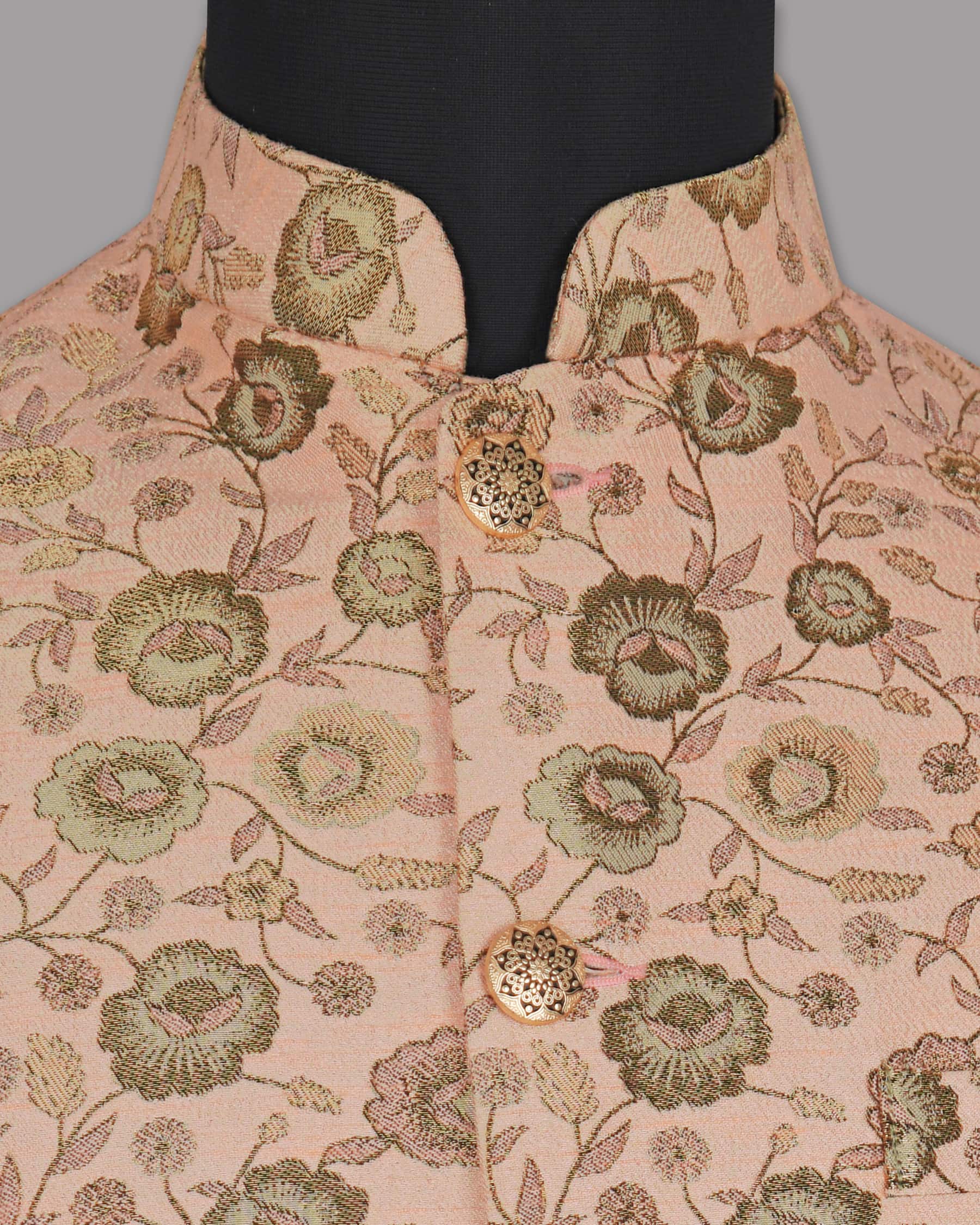 Olive with Cream and Pink Rose Jacquard Premium Designer Nehru Jacket