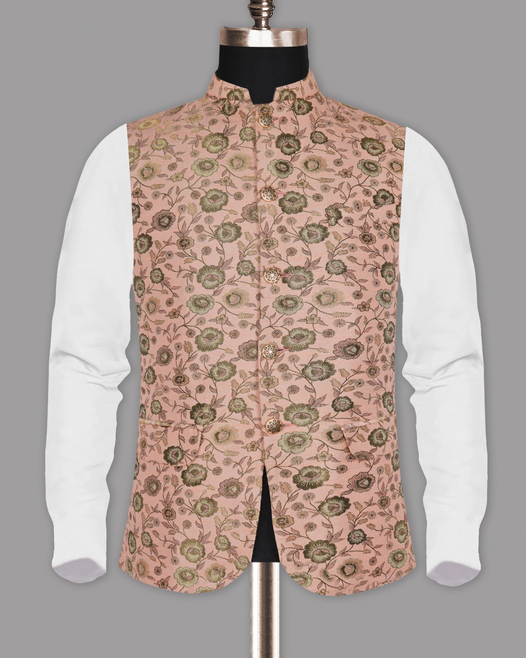 Olive with Cream and Pink Rose Jacquard Premium Designer Nehru Jacket