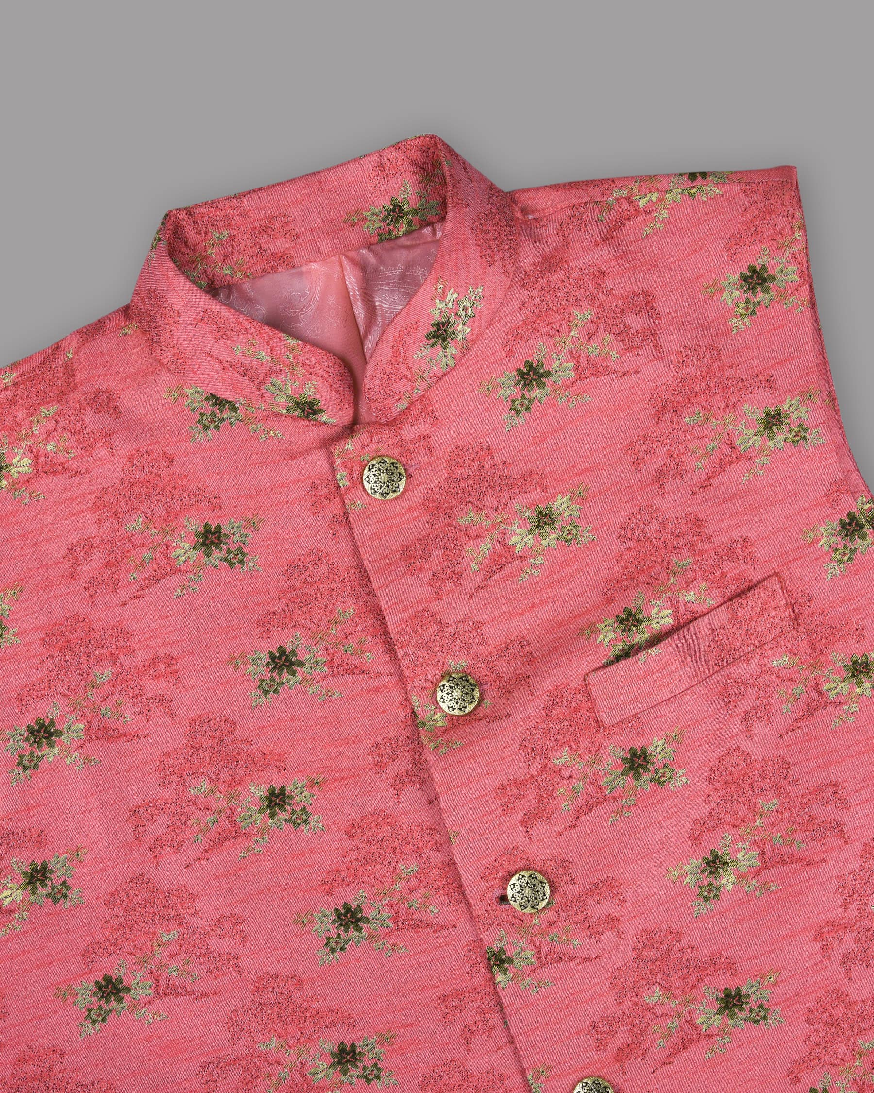 Hot Pink with Tonal and Golden Flower Jacquard Designer Nehru Jacket