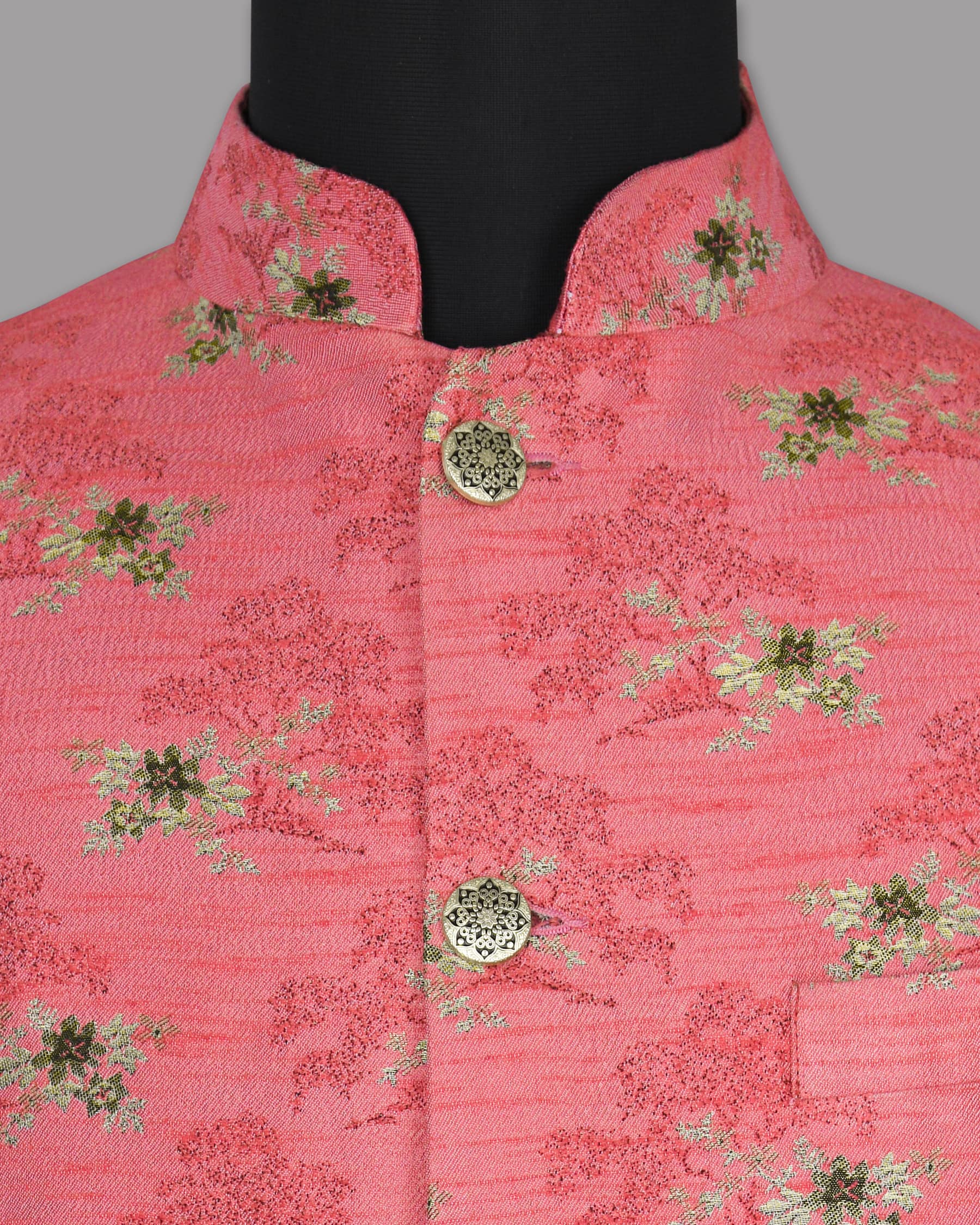 Hot Pink with Tonal and Golden Flower Jacquard Designer Nehru Jacket