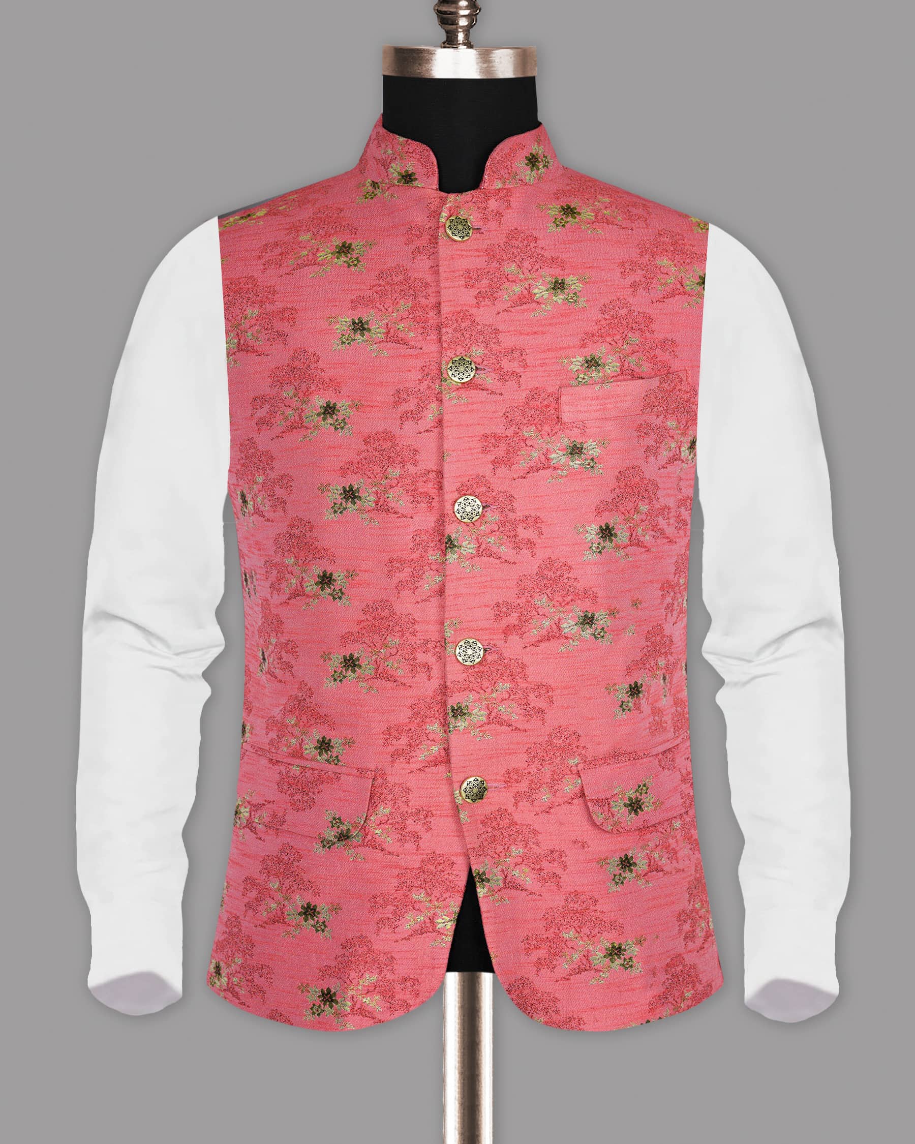 Hot Pink with Tonal and Golden Flower Jacquard Designer Nehru Jacket