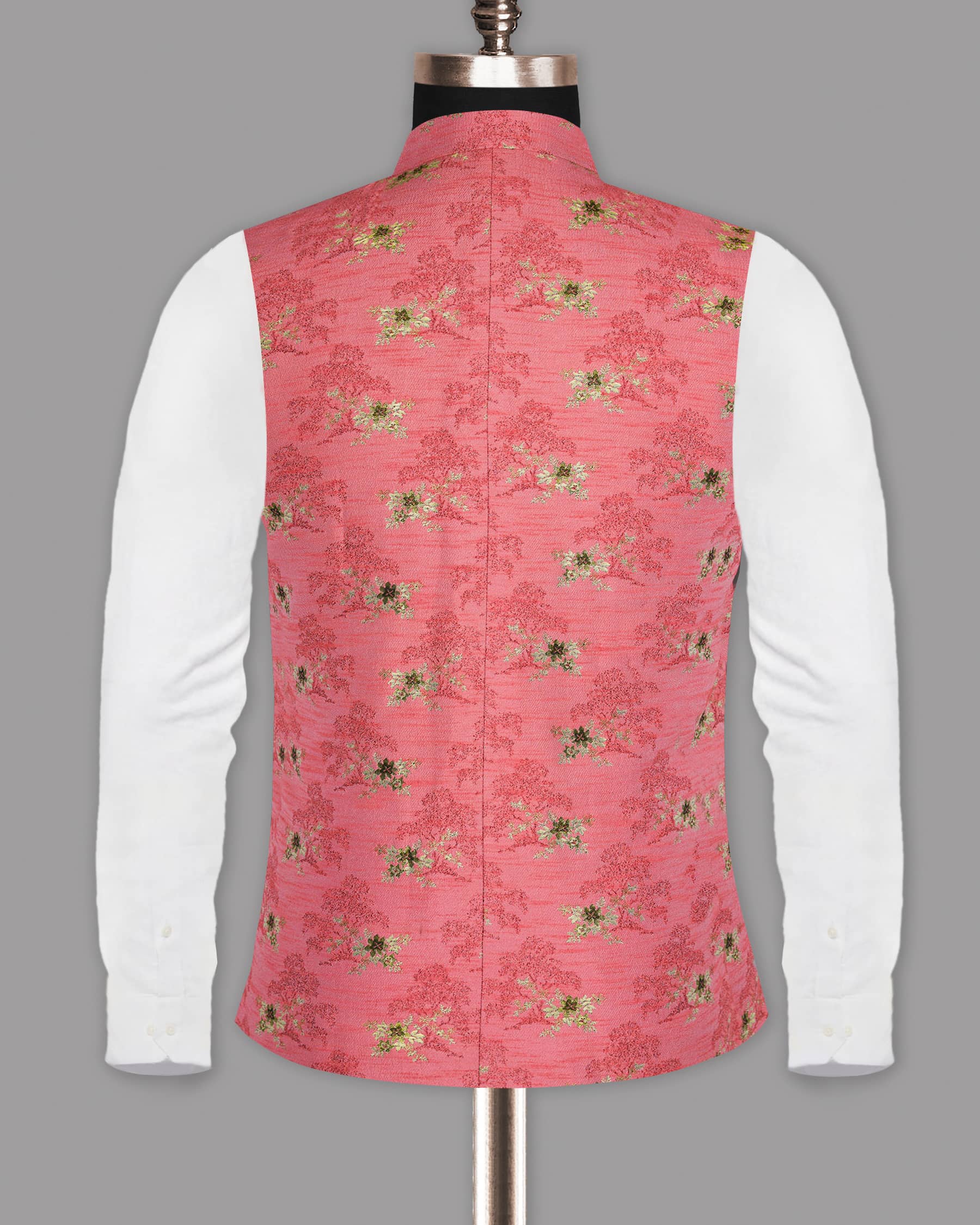 Hot Pink with Tonal and Golden Flower Jacquard Designer Nehru Jacket