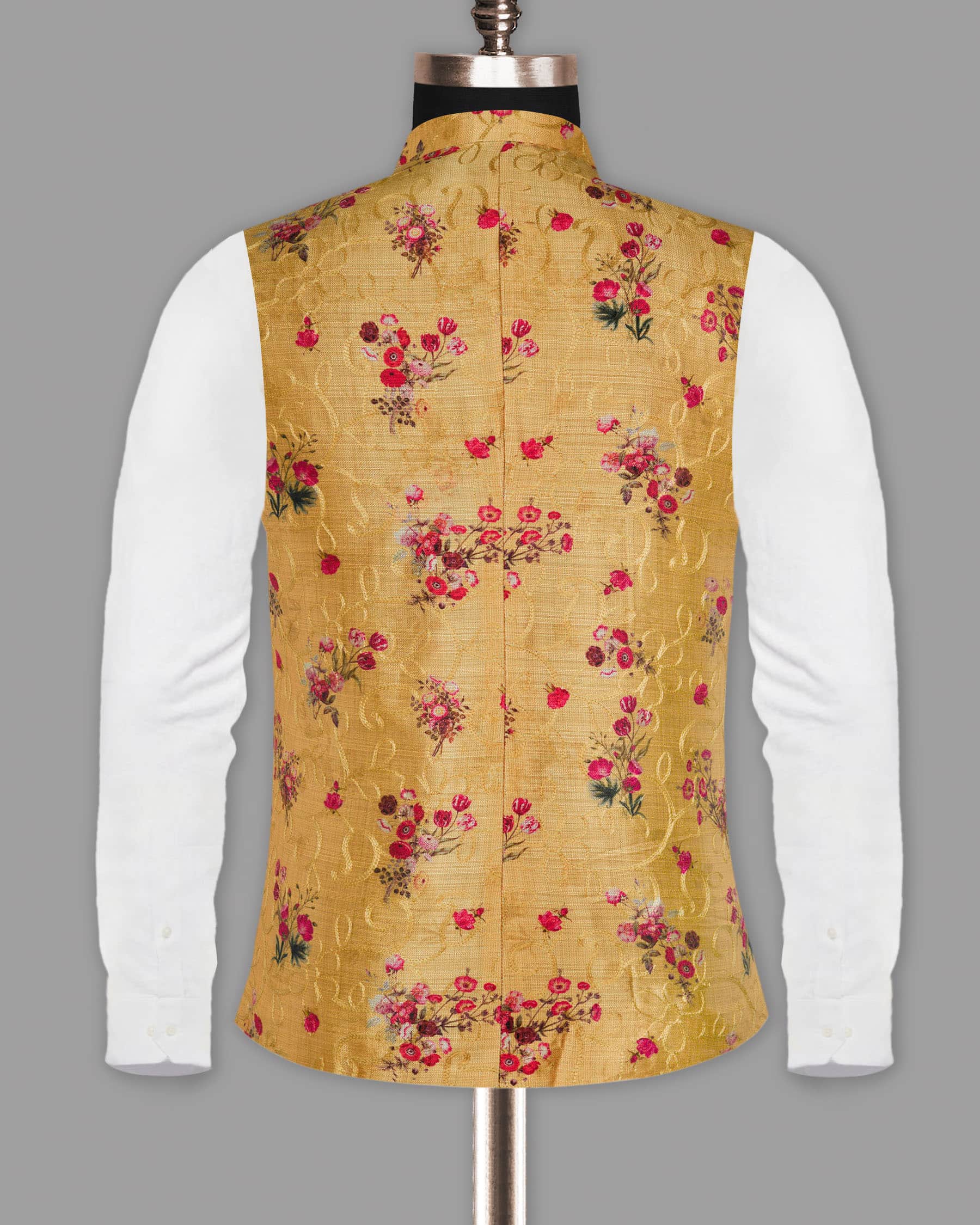 Mustard with Tonal Embroidered and Red flowers Printed Designer Nehru Jacket