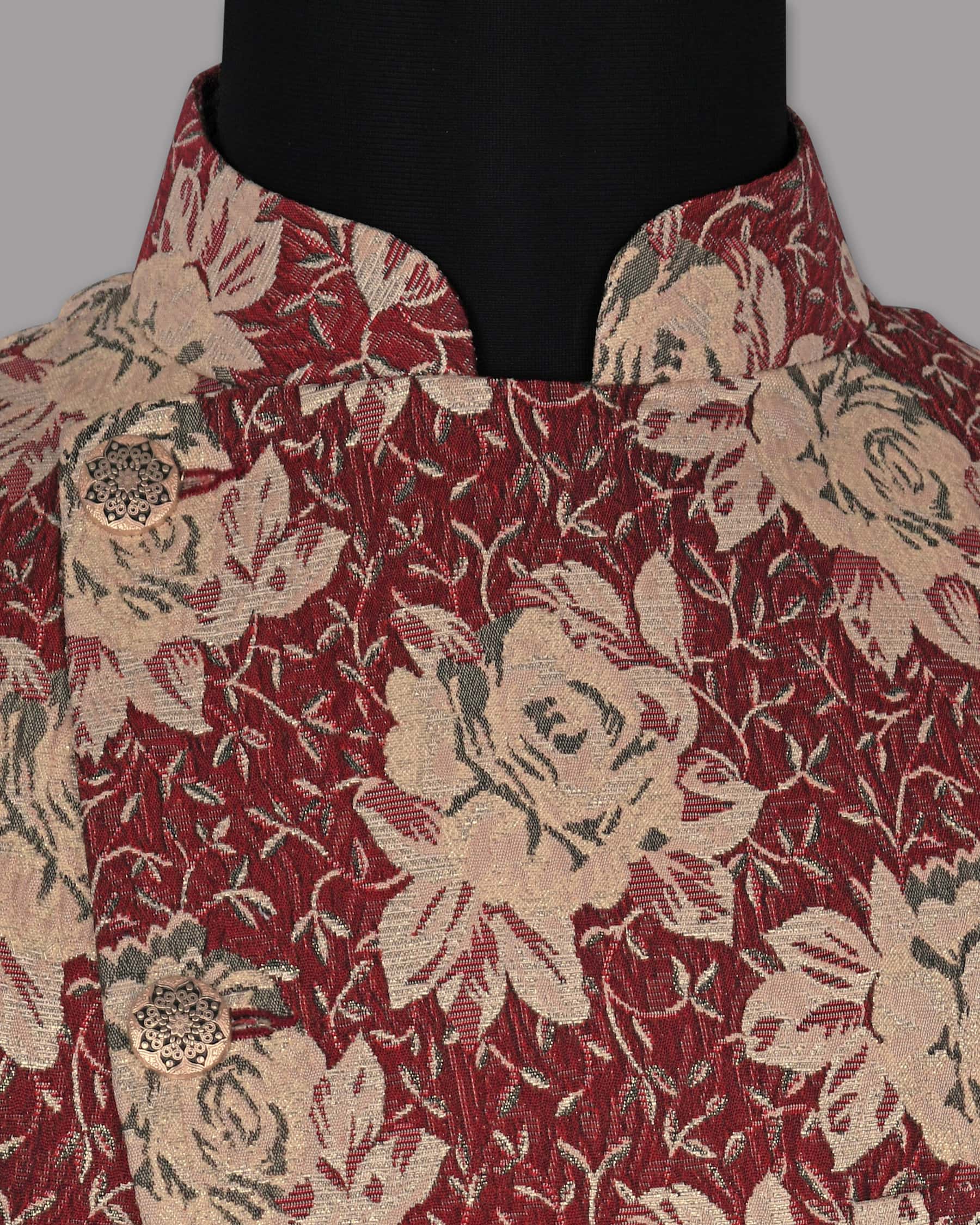 Cream with red Rose jacquard Textured Designer Nehru Jacket