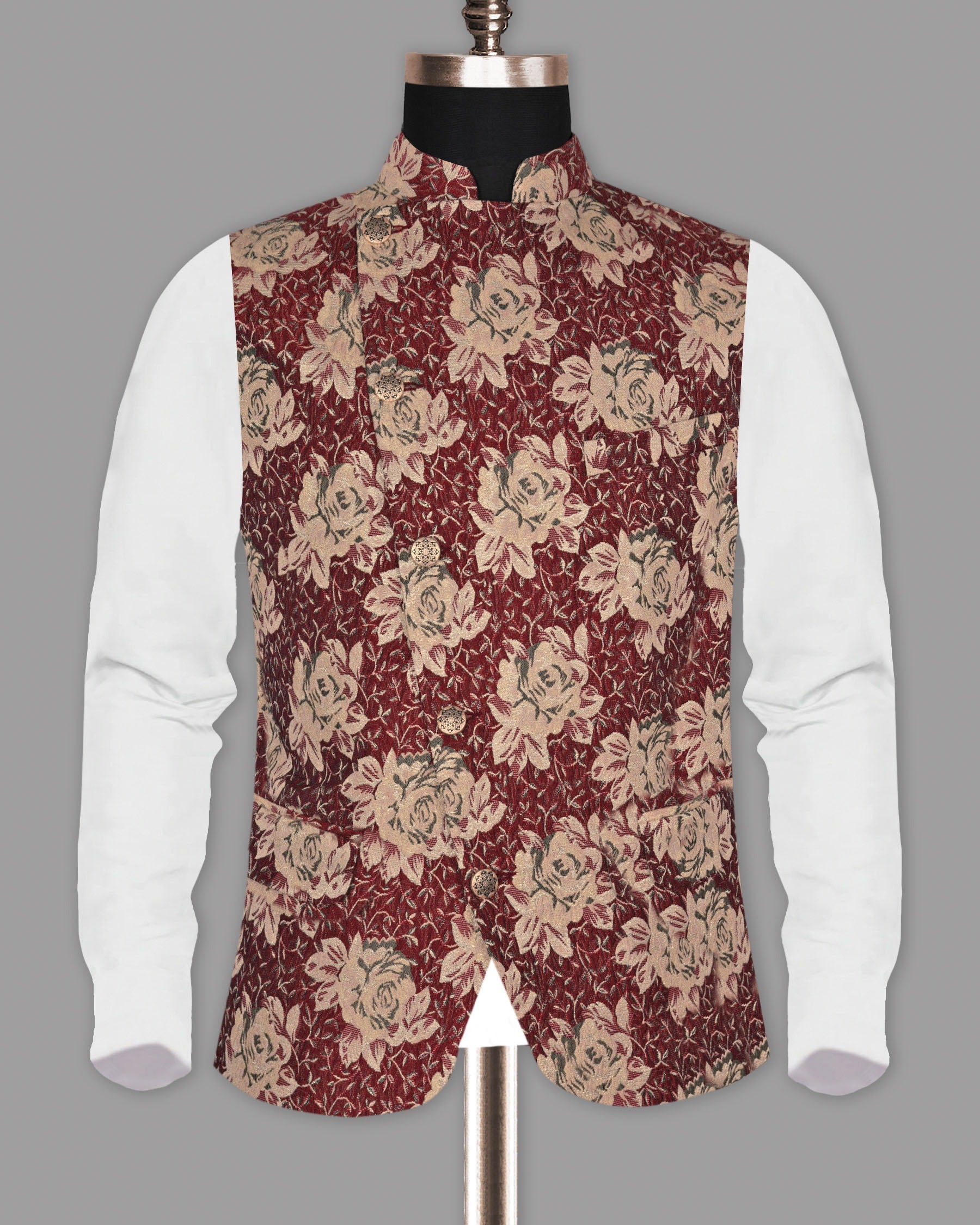 Cream with red Rose jacquard Textured Designer Nehru Jacket