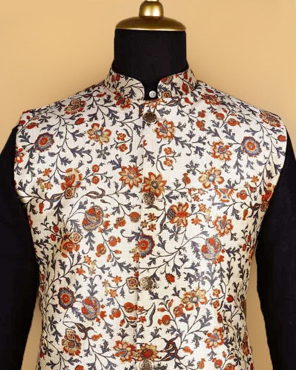 Cream Flower Printed Nehru Jacket