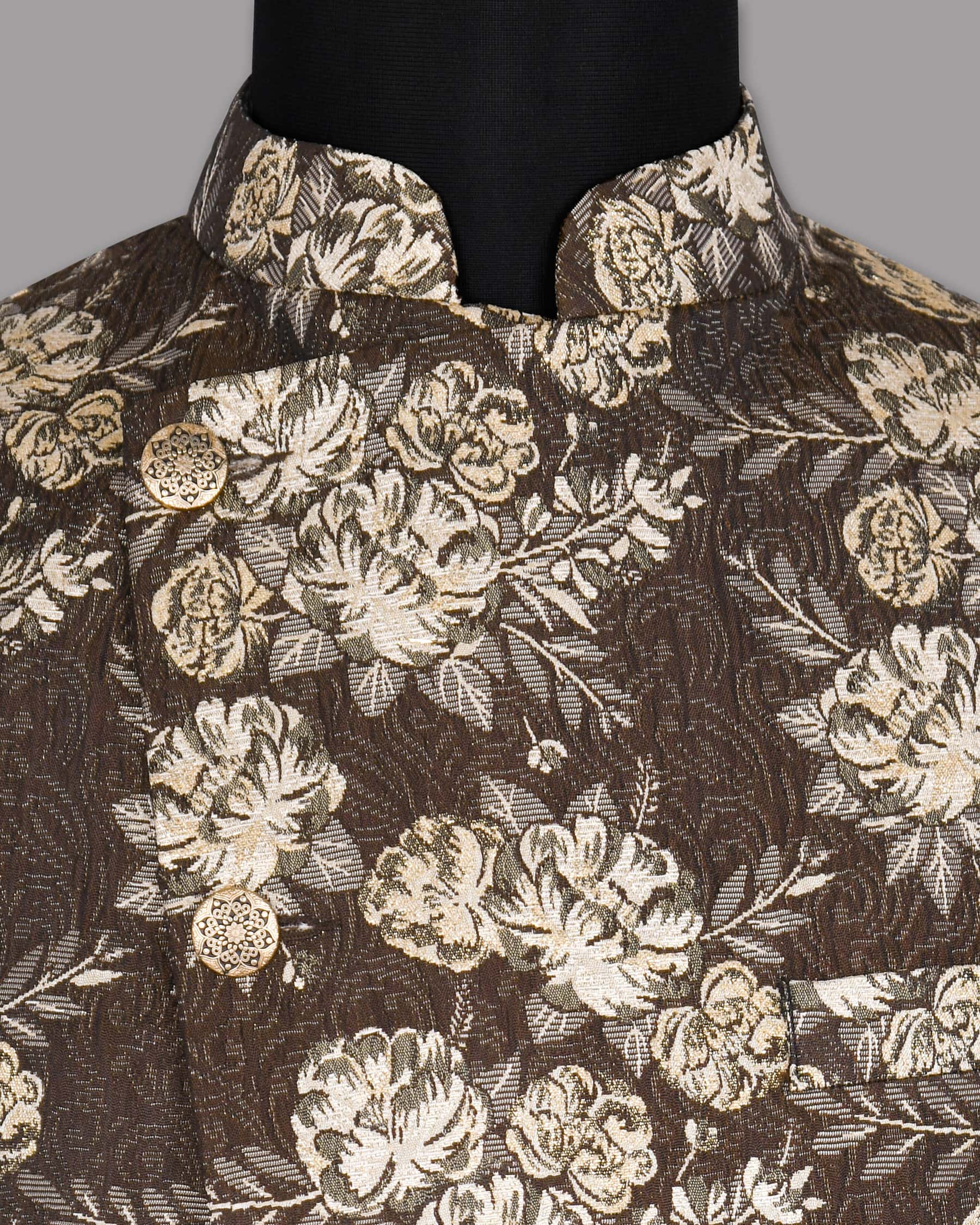 Brown with Cream Flower Jacquard Premium Designer Nehru Jacket