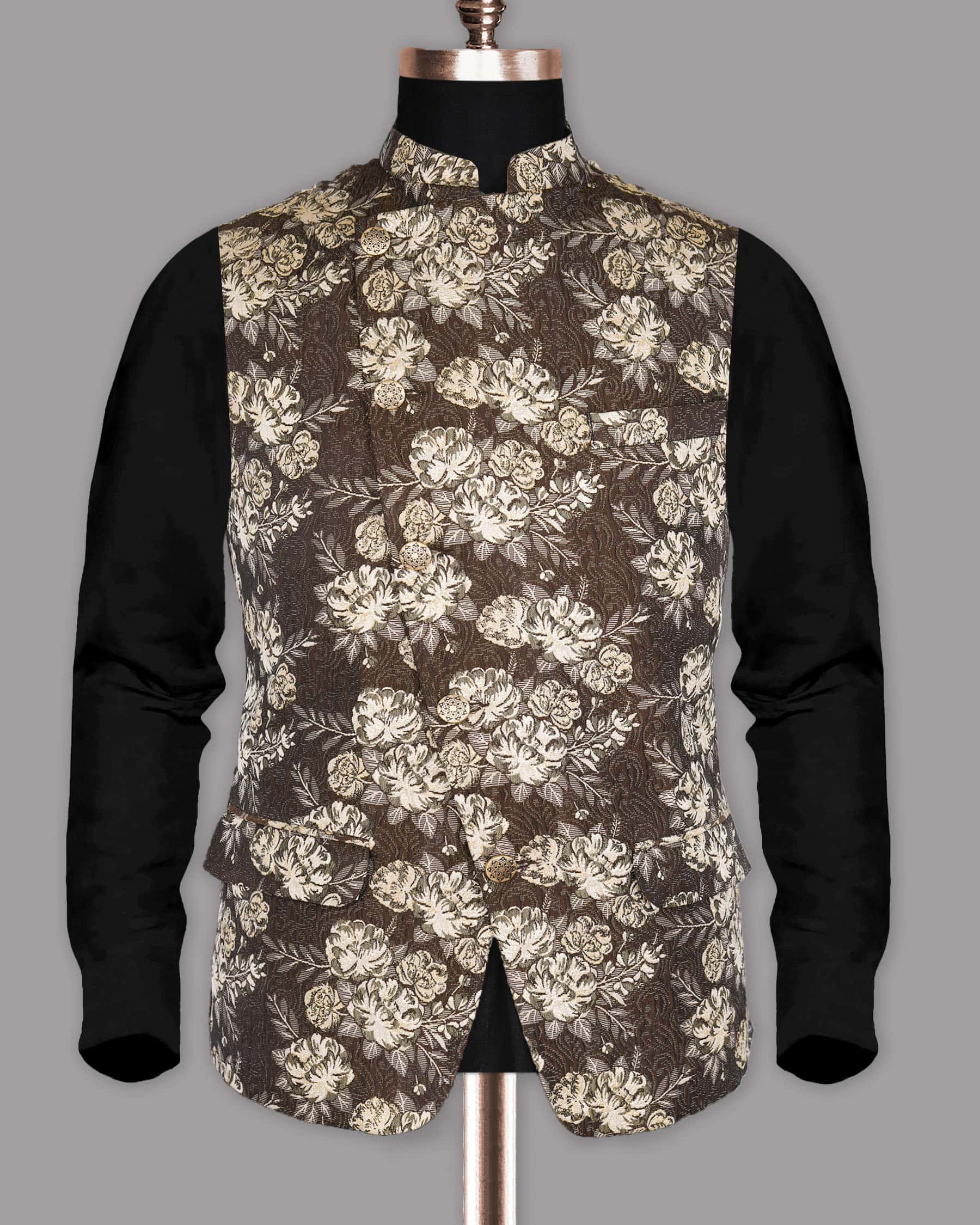 Brown with Cream Flower Jacquard Premium Designer Nehru Jacket