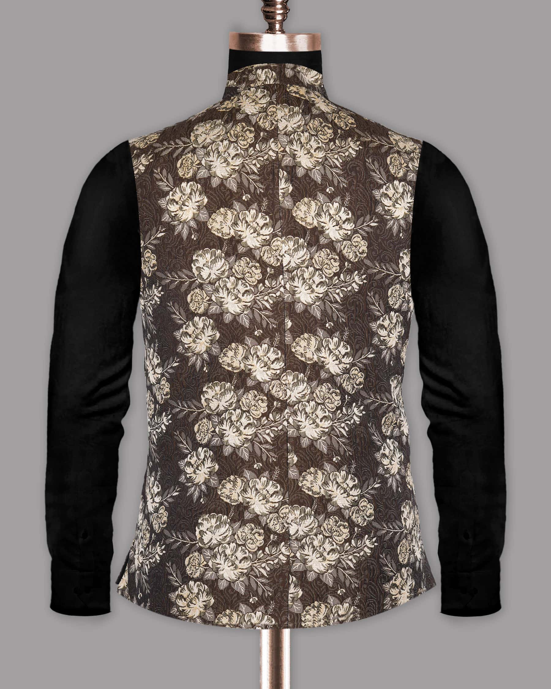 Brown with Cream Flower Jacquard Premium Designer Nehru Jacket