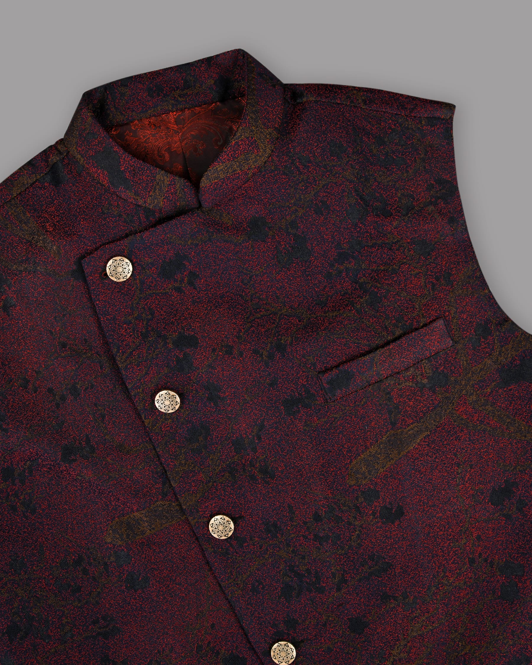 Maroon with Brown and Black Branches Jacquard Textured Designer Nehru Jacket