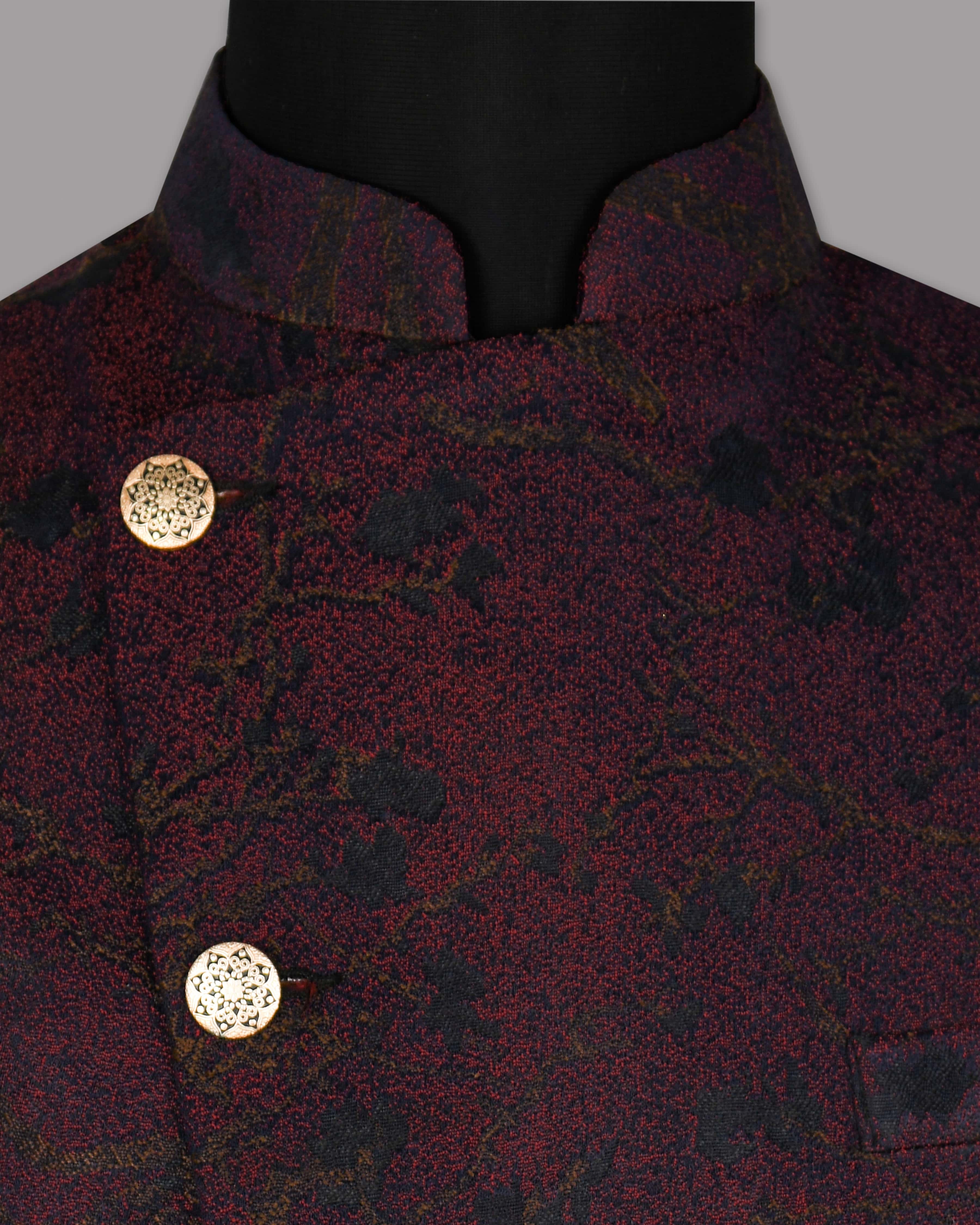 Maroon with Brown and Black Branches Jacquard Textured Designer Nehru Jacket