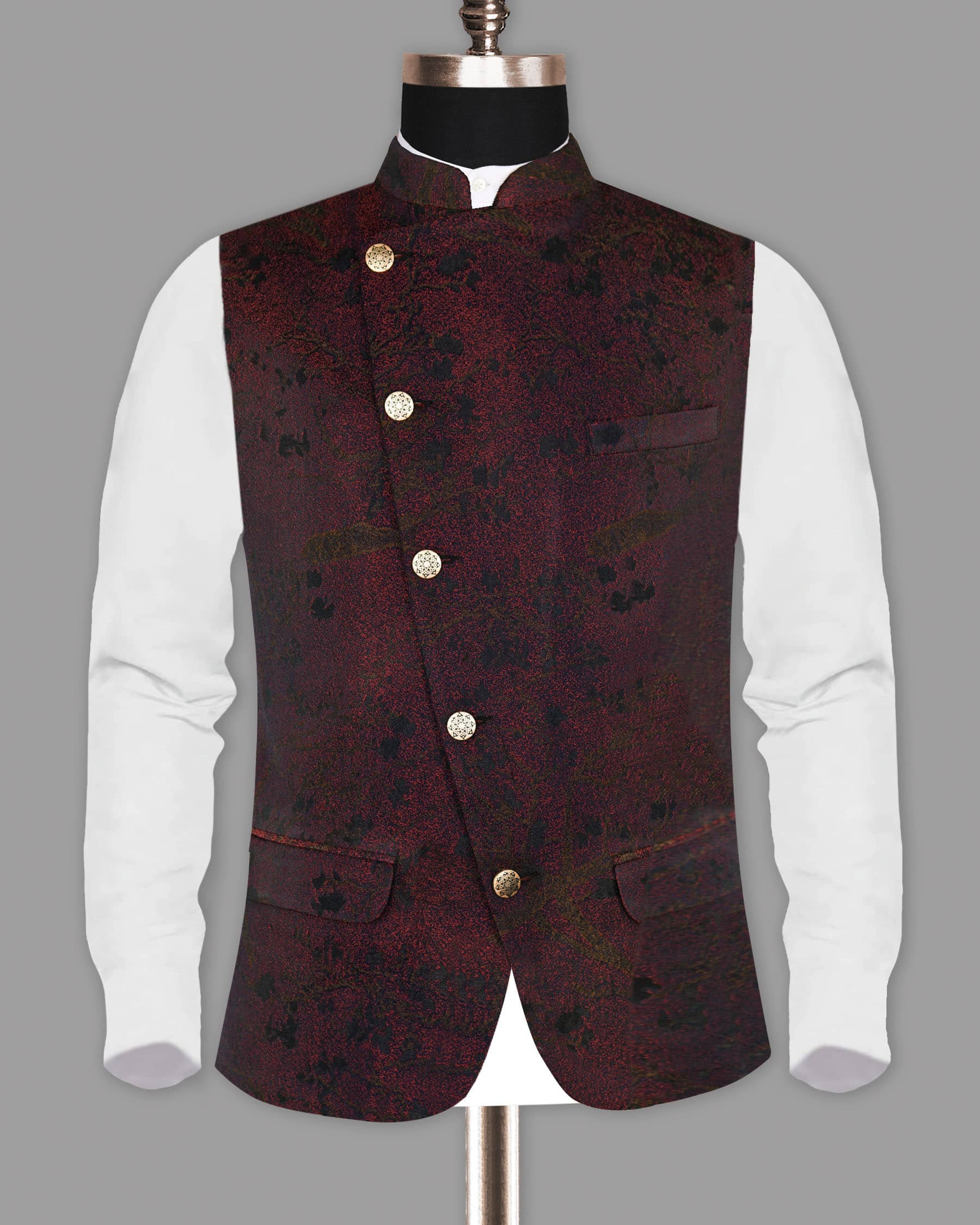 Maroon with Brown and Black Branches Jacquard Textured Designer Nehru Jacket