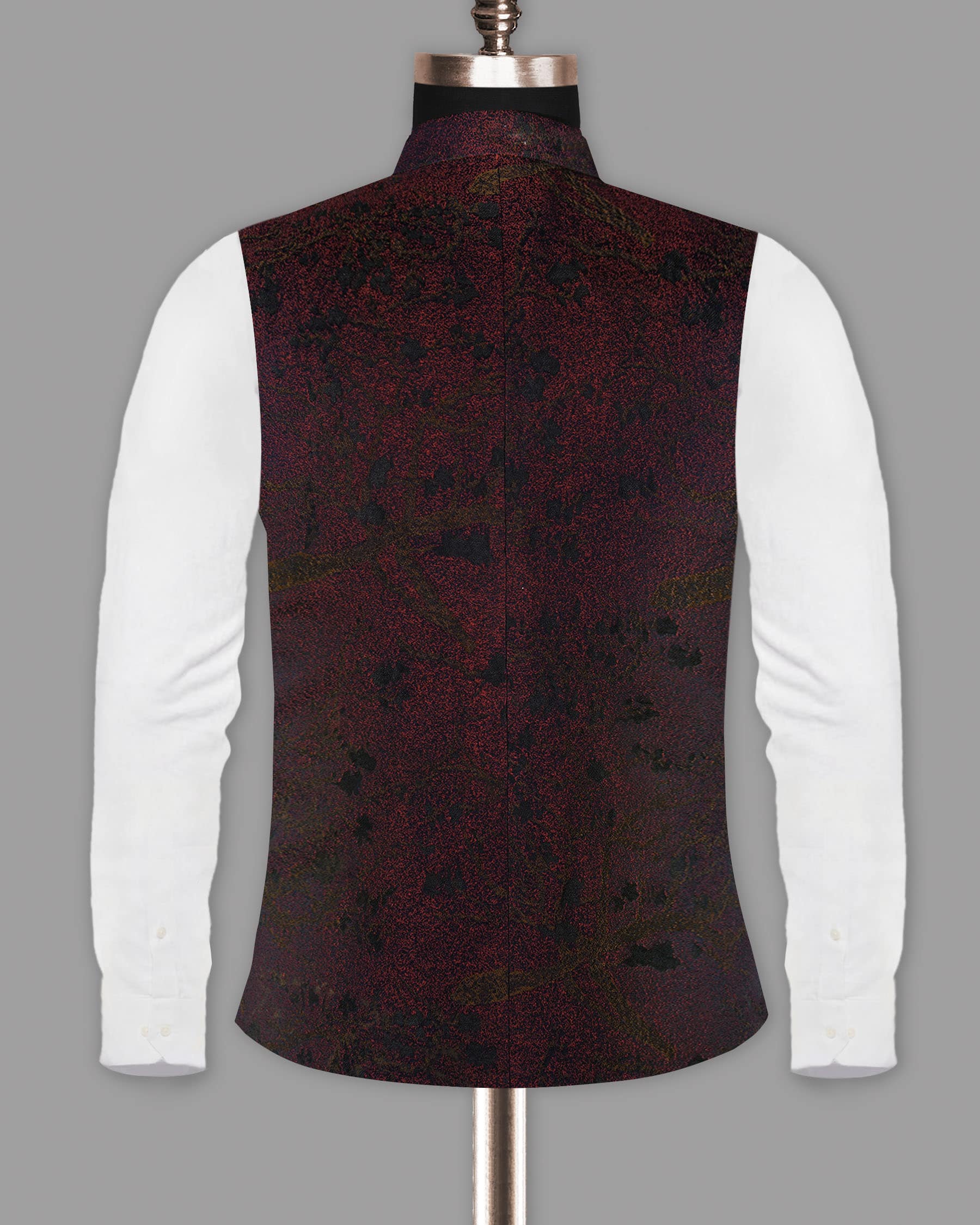 Maroon with Brown and Black Branches Jacquard Textured Designer Nehru Jacket