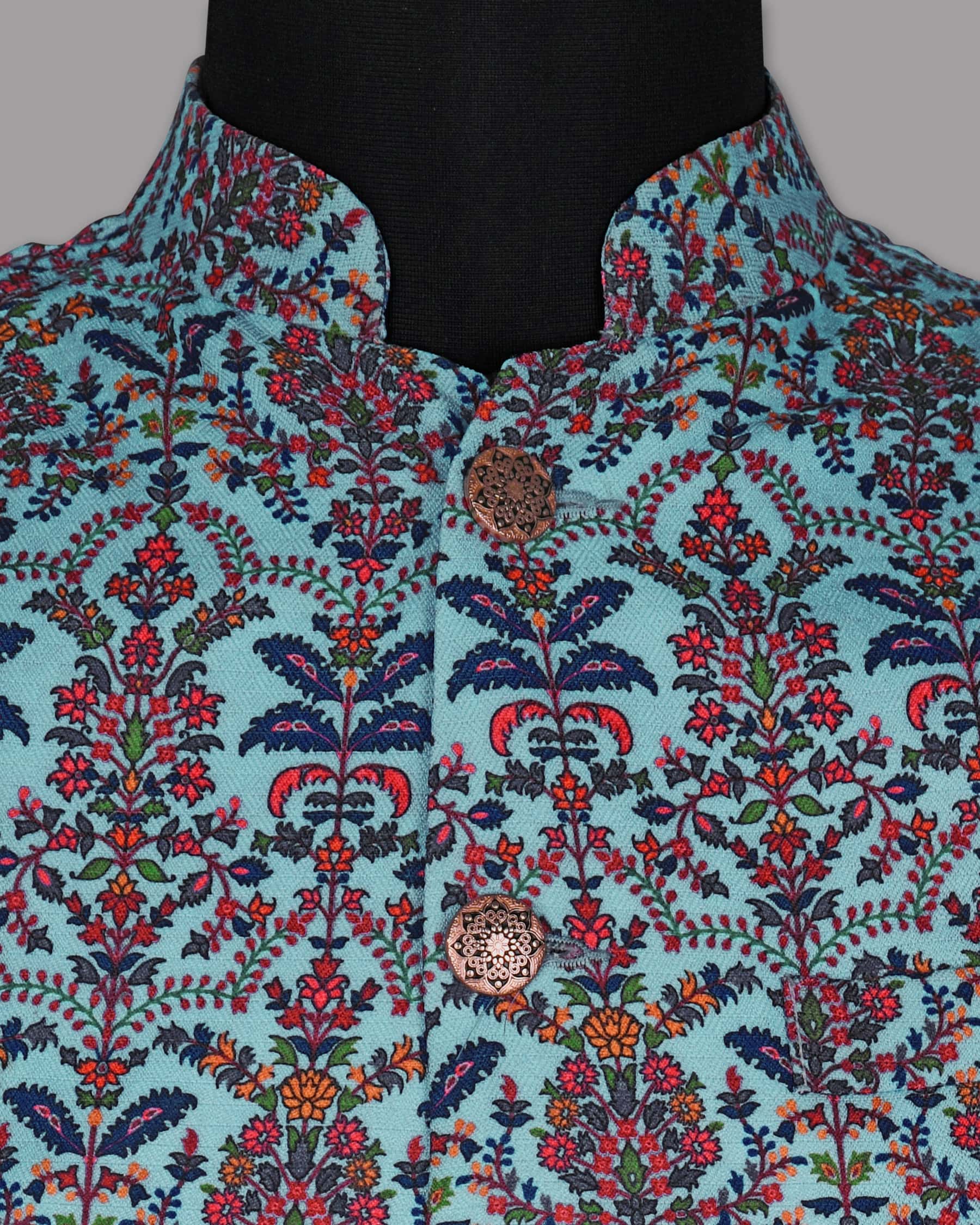 Sky with Multi-color Flora Print Premium Designer Nehru Jacket