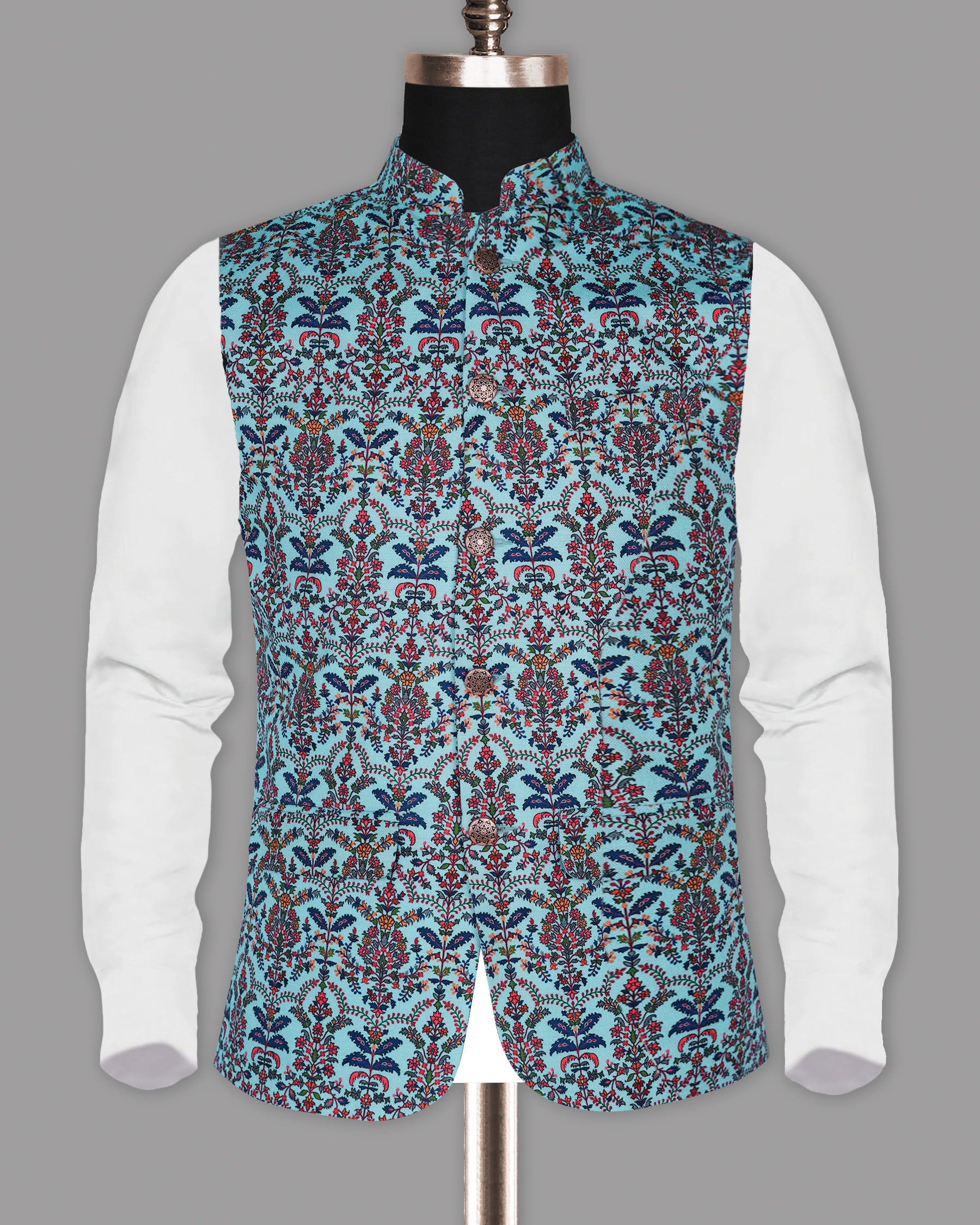 Sky with Multi-color Flora Print Premium Designer Nehru Jacket