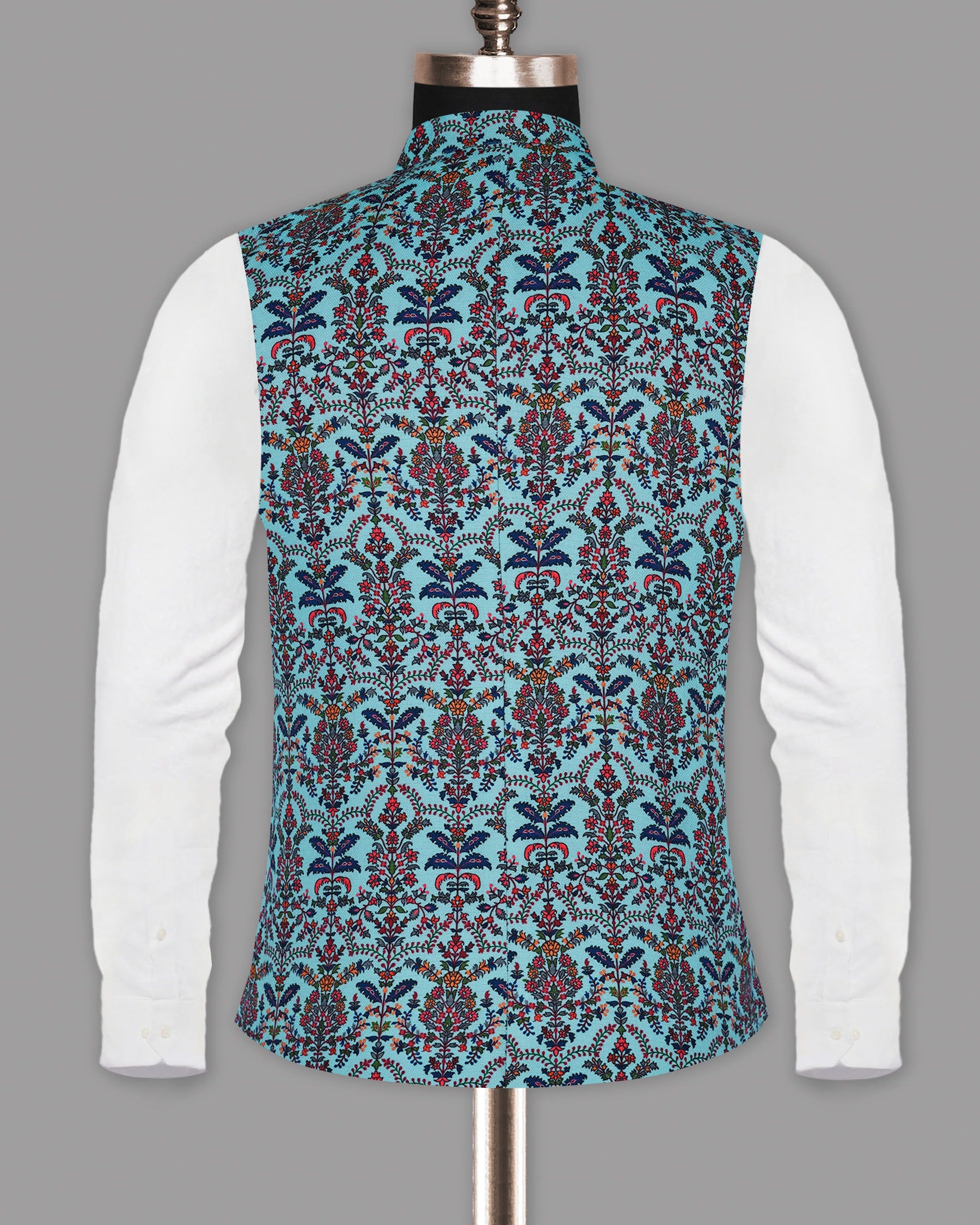 Sky with Multi-color Flora Print Premium Designer Nehru Jacket