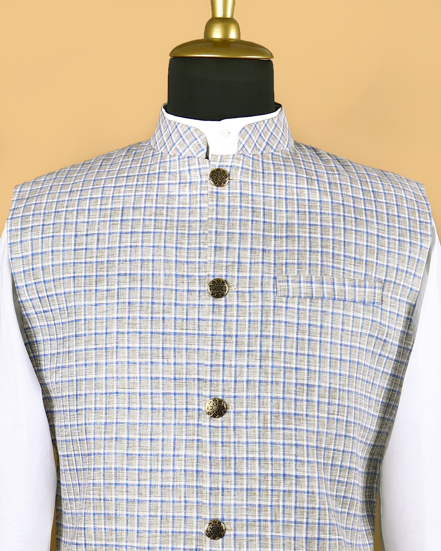 Cream Checked Linen-Jute Blend Nehru Jacket