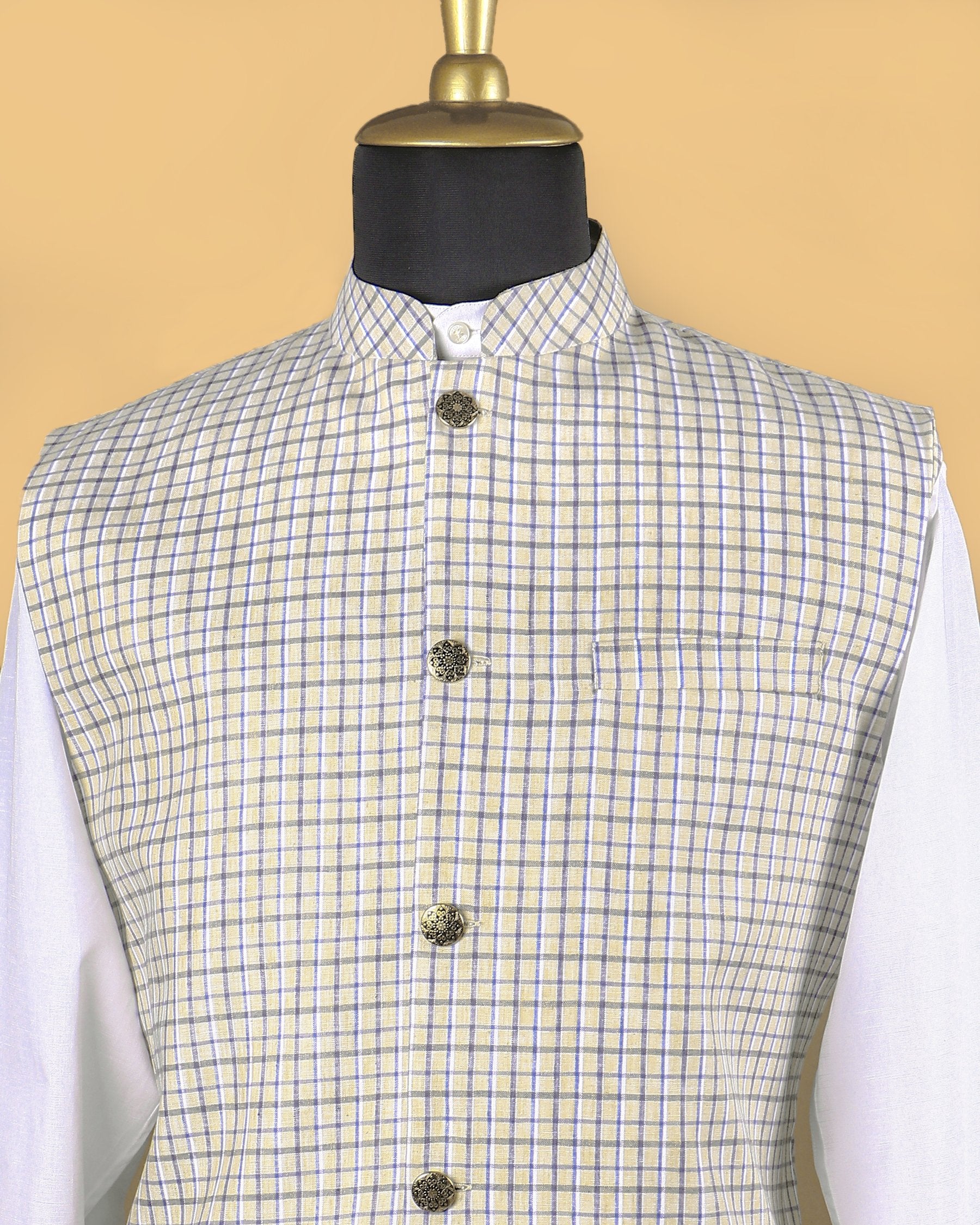 Beige Checked Linen-Jute Blend Nehru Jacket