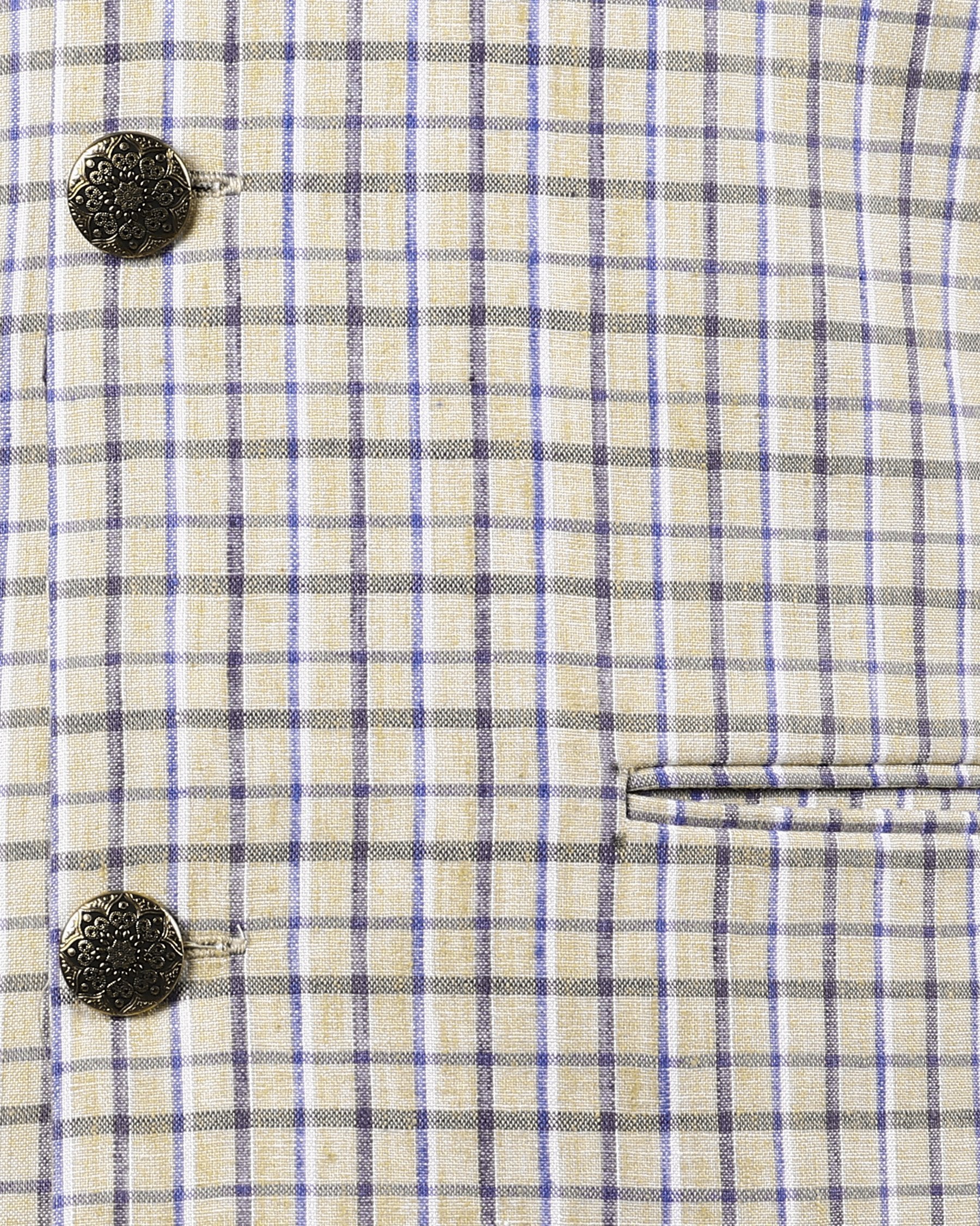 Beige Checked Linen-Jute Blend Nehru Jacket