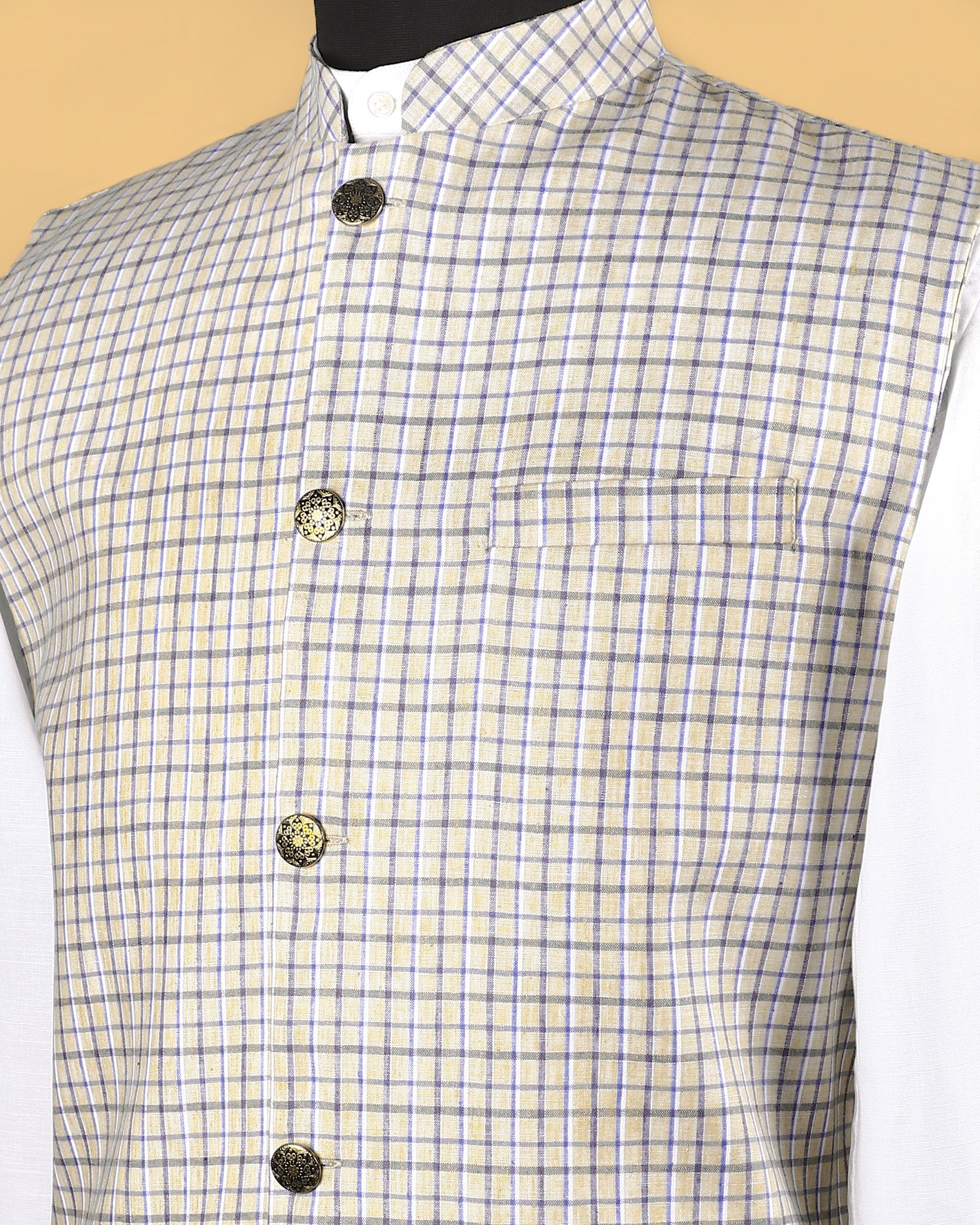Beige Checked Linen-Jute Blend Nehru Jacket