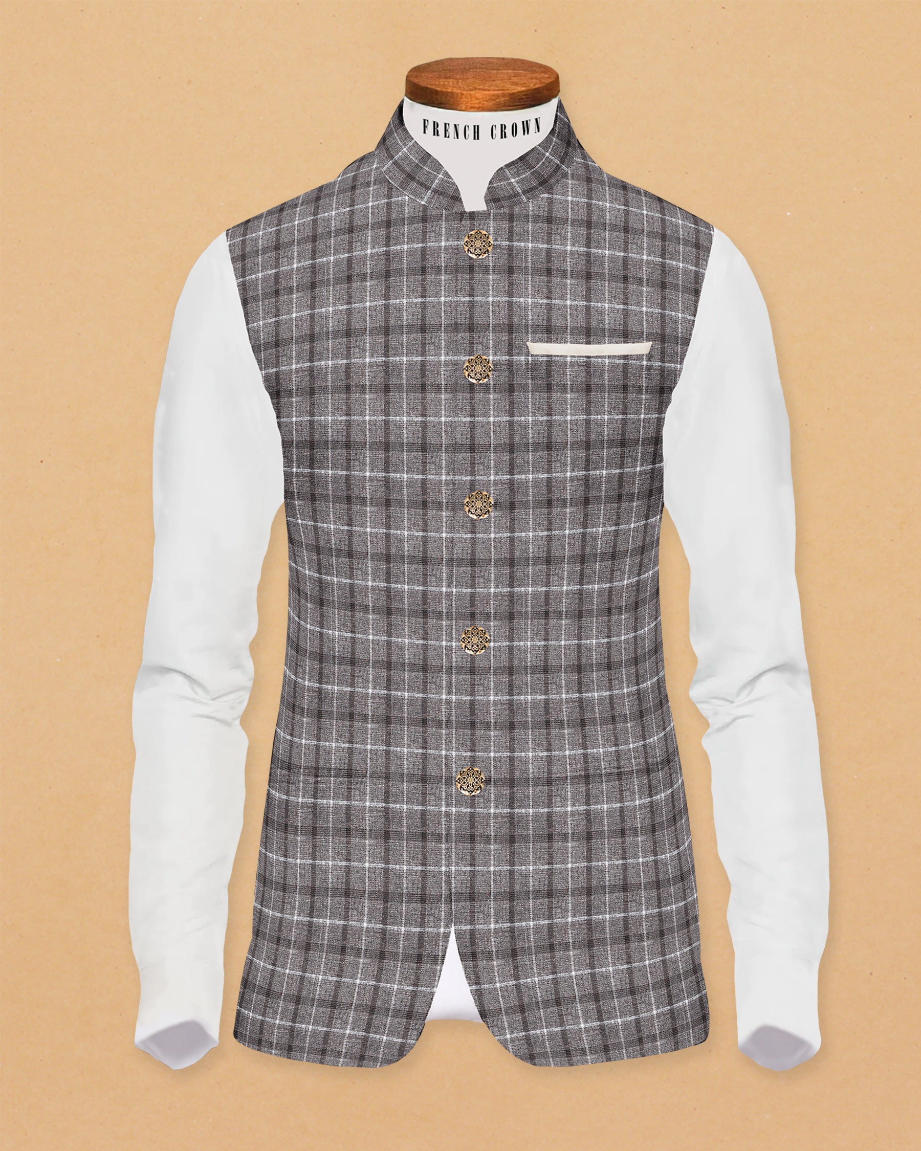 Cedar Brown Plaid Nehru Jacket WC66BG-60, WC66BG-42, WC66BG-38, WC66BG-44, WC66BG-50, WC66BG-46, WC66BG-48, WC66BG-52, WC66BG-54, WC66BG-36, WC66BG-40, WC66BG-56, WC66BG-58