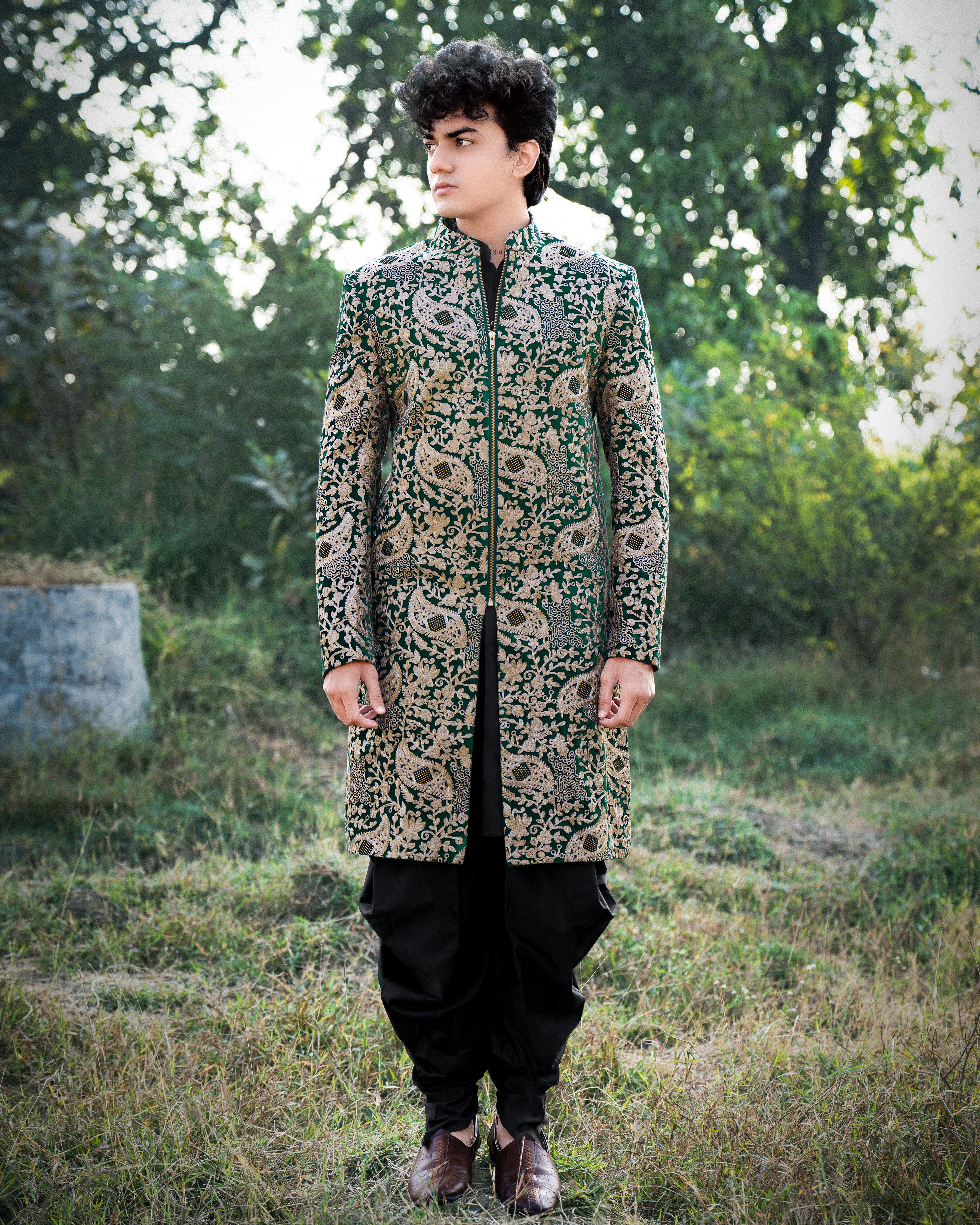 Asphalt Green Velvet Embroidered and Tikki Work Sherwani with Kurta, Dhoti Set SH001-SRW10-36, SH001-SRW10-38, SH001-SRW10-40, SH001-SRW10-42, SH001-SRW10-44, SH001-SRW10-46, SH001-SRW10-48, SH001-SRW10-50, SH001-SRW10-52, SH001-SRW10-54, SH001-SRW10-56, SH001-SRW10-58, SH001-SRW10-60