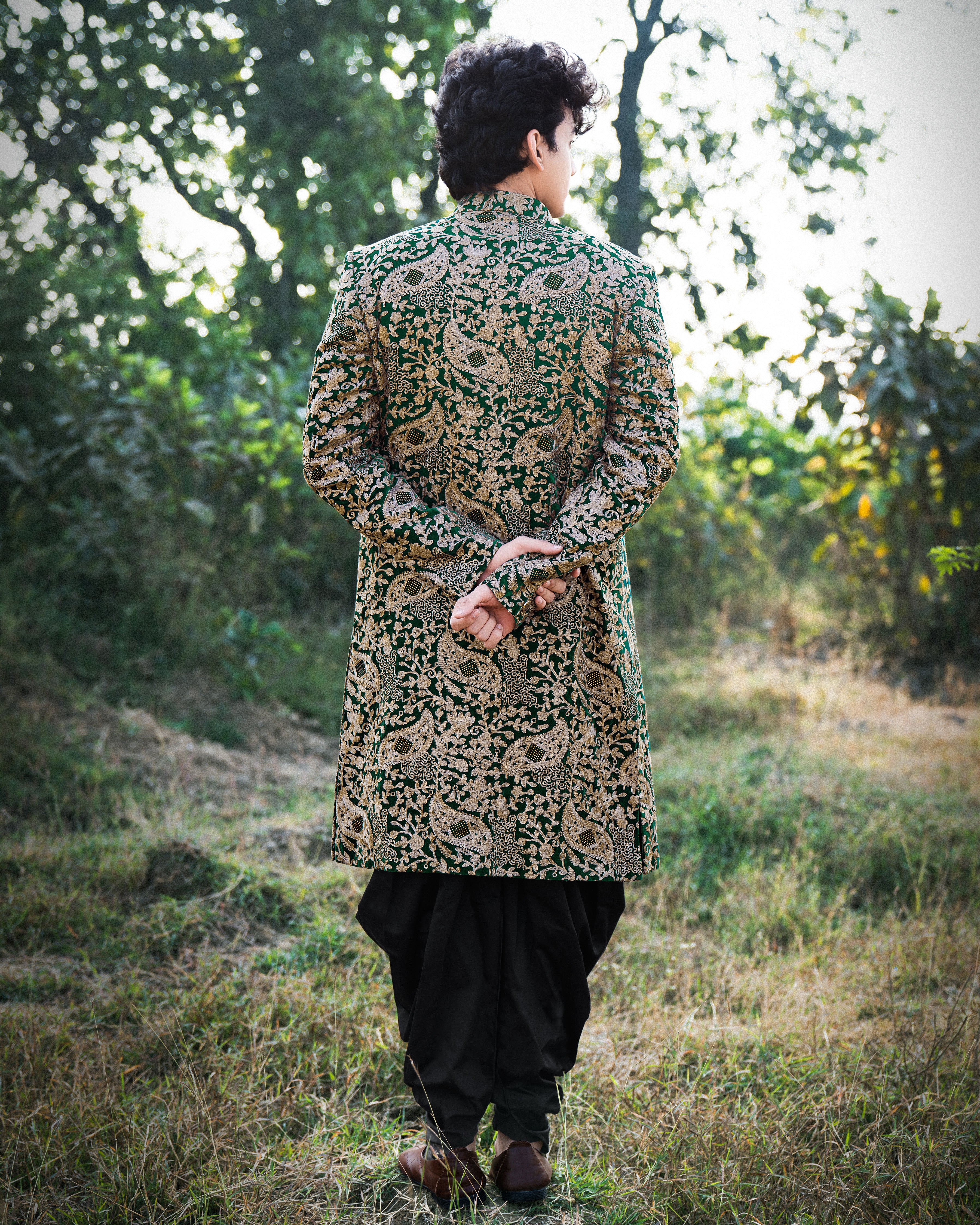 Asphalt Green Velvet Embroidered and Tikki Work Sherwani with Kurta, Dhoti Set SH001-SRW10-36, SH001-SRW10-38, SH001-SRW10-40, SH001-SRW10-42, SH001-SRW10-44, SH001-SRW10-46, SH001-SRW10-48, SH001-SRW10-50, SH001-SRW10-52, SH001-SRW10-54, SH001-SRW10-56, SH001-SRW10-58, SH001-SRW10-60