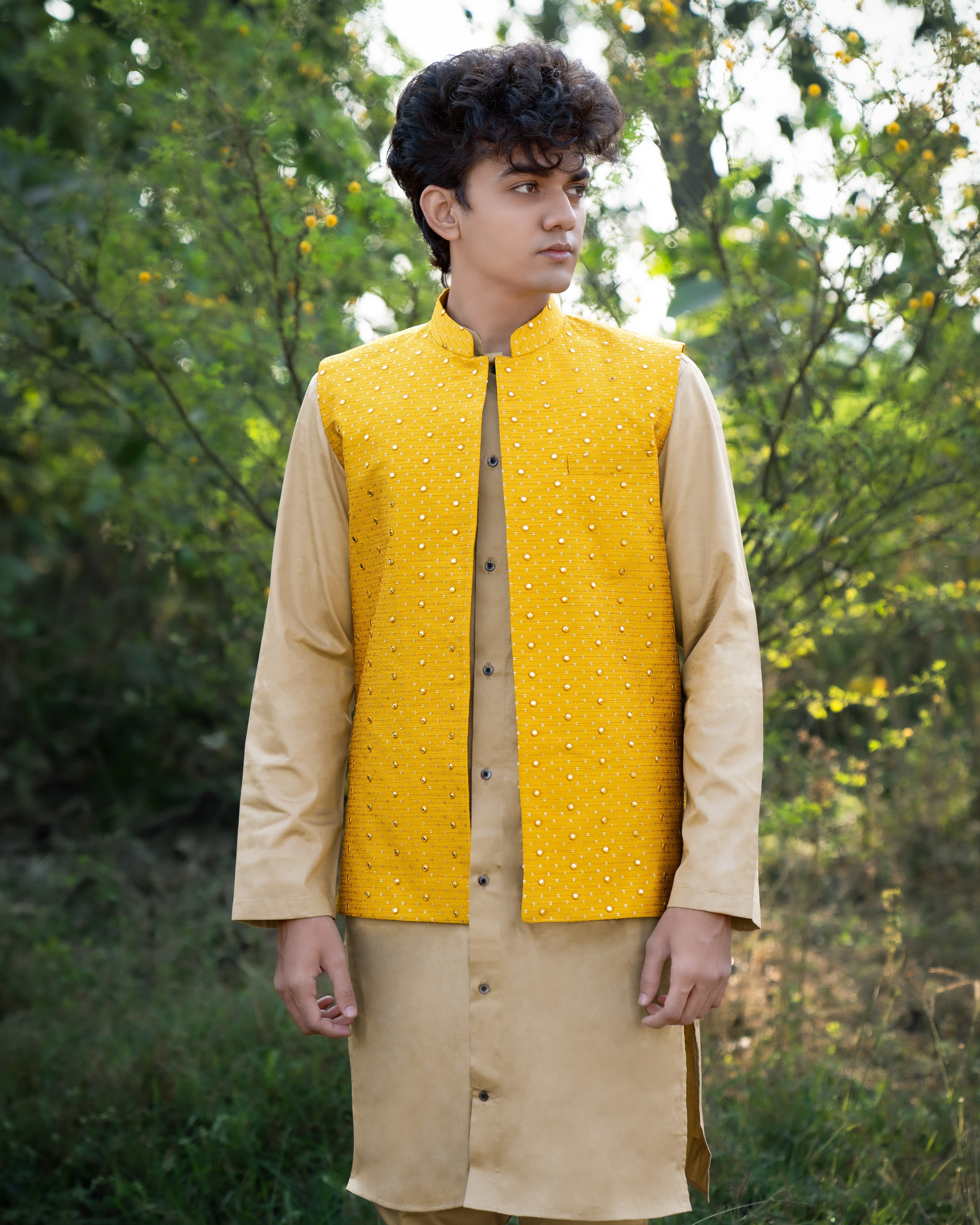 Sunglow Yellow Half-Sleeved Embroidered Work Jacket with Heathered Brown Kurta, Pajama