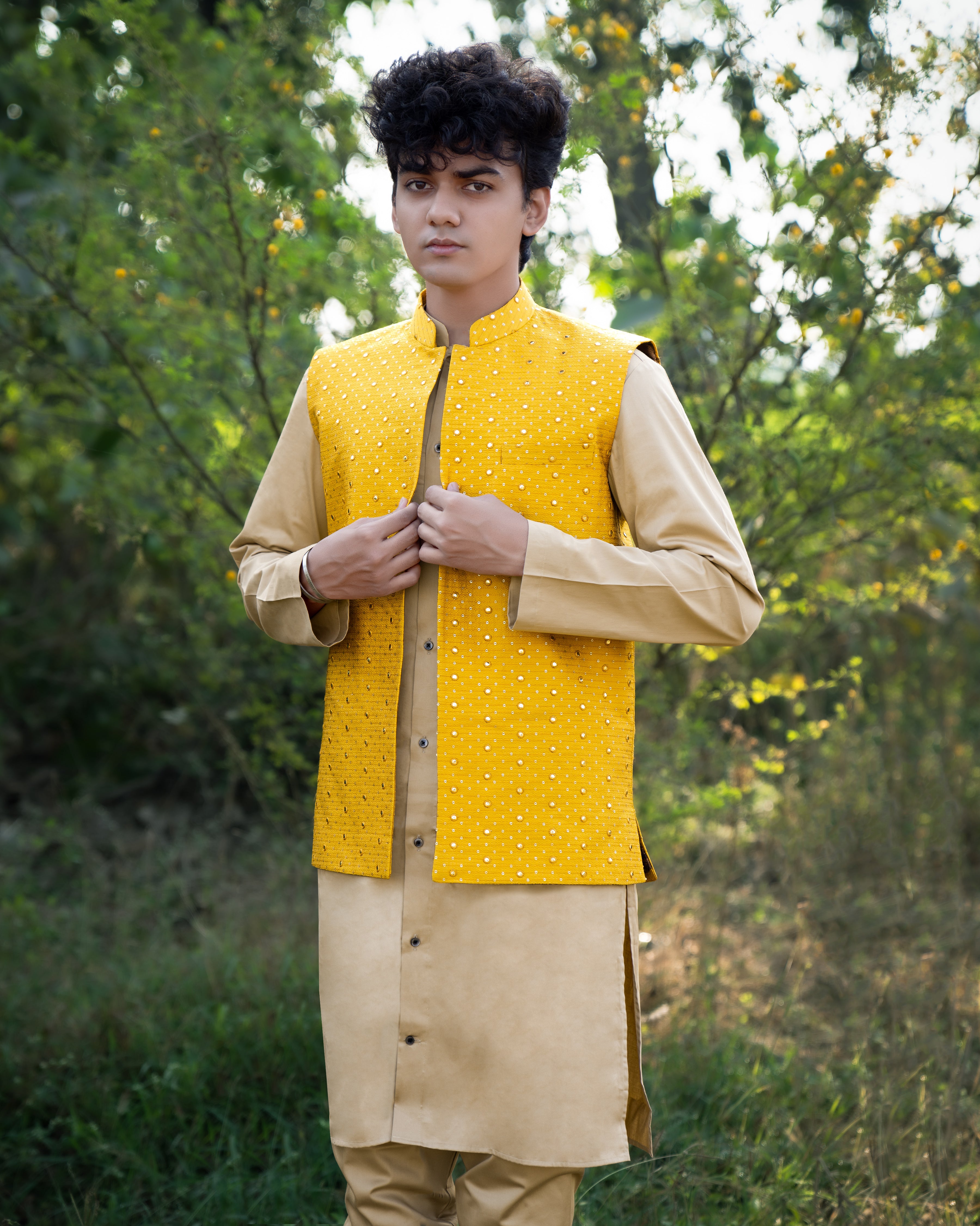 Sunglow Yellow Half-Sleeved Embroidered Work Jacket with Heathered Brown Kurta, Pajama