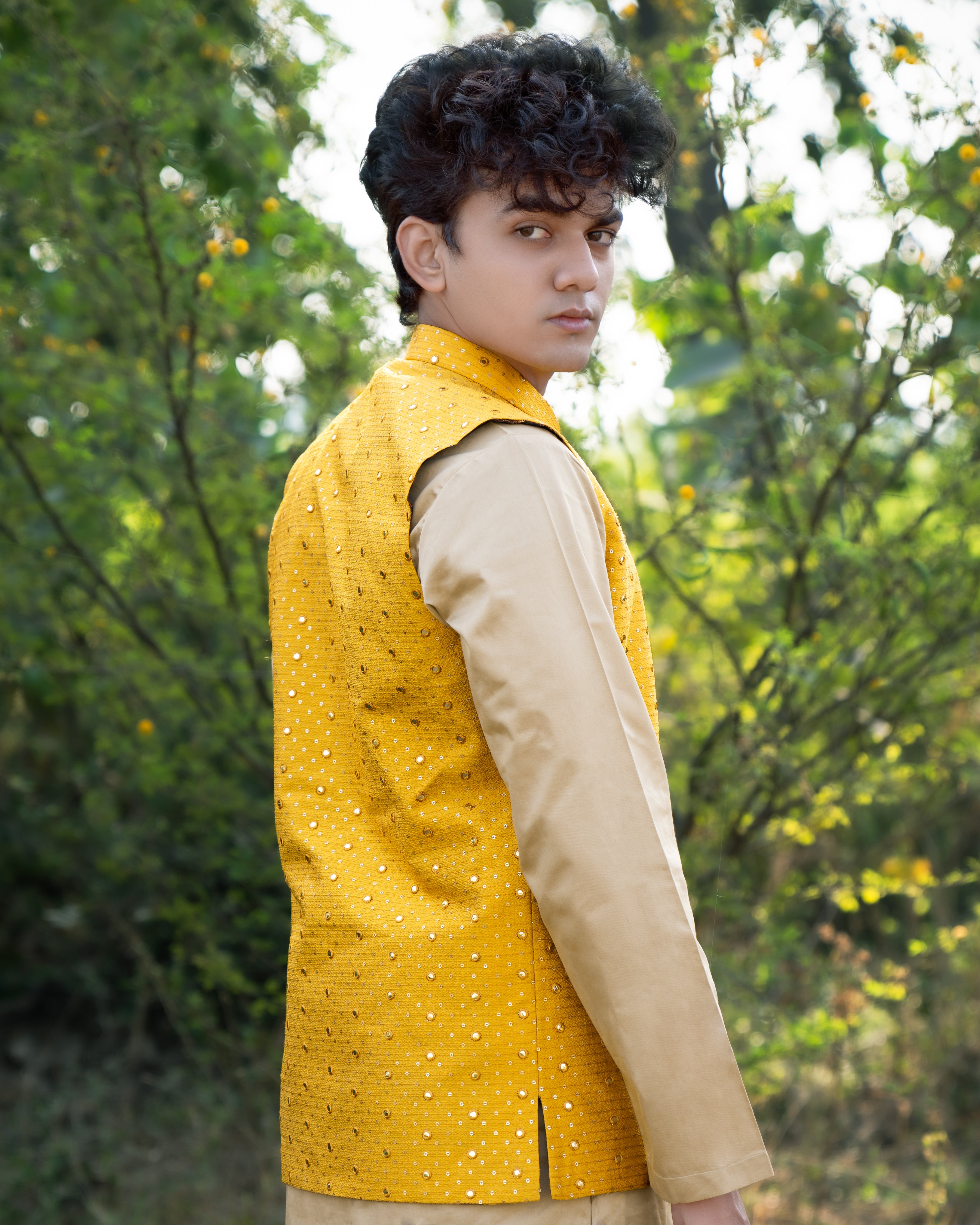 Sunglow Yellow Half-Sleeved Embroidered Work Jacket with Heathered Brown Kurta, Pajama