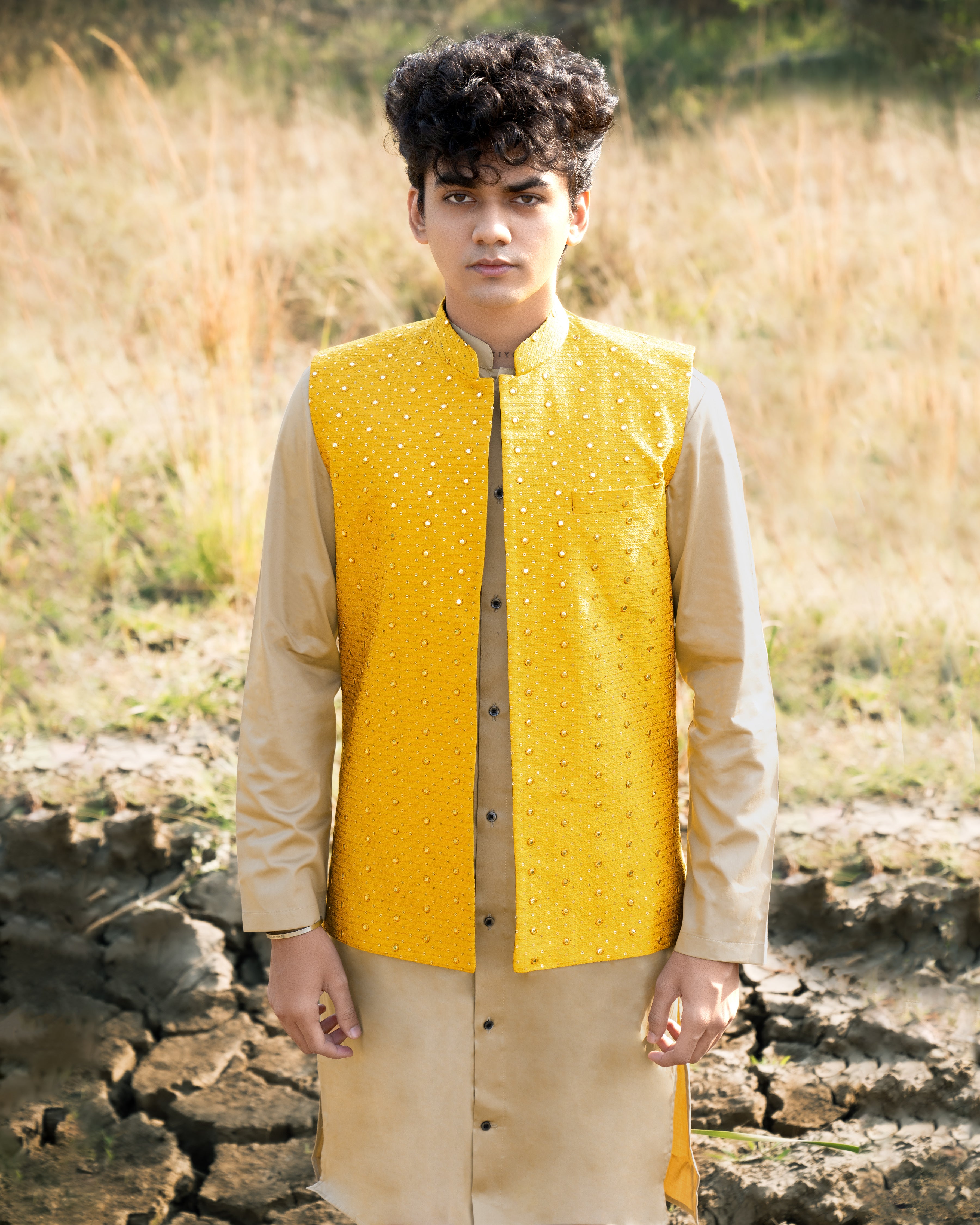 Sunglow Yellow Half-Sleeved Embroidered Work Jacket with Heathered Brown Kurta, Pajama