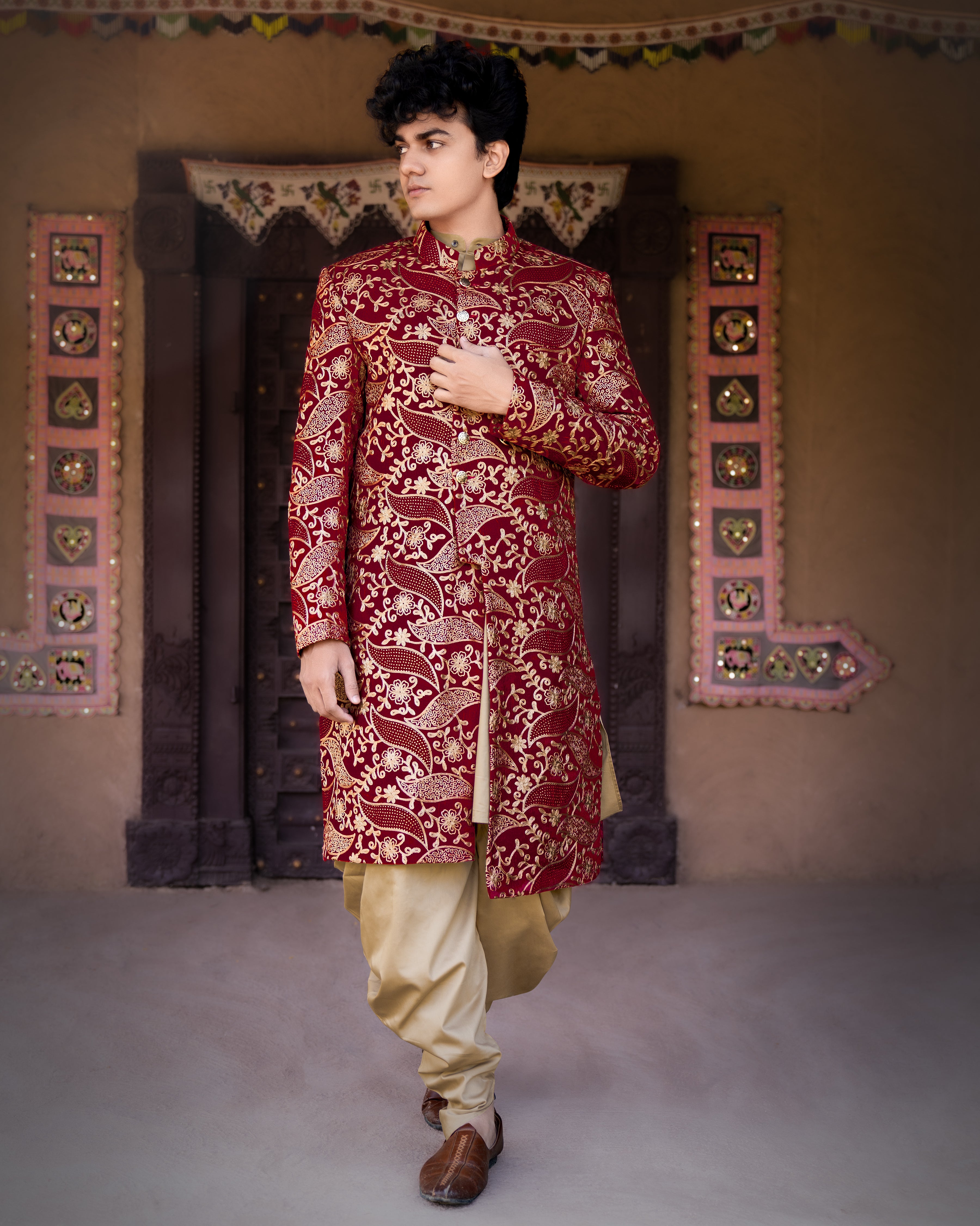 Scarlet Maroon with Beaver Brown Velvet Tikki Work with Cotton Embroidered Thread Work Bandhgala Sherwani SHR005-SRW07-36, SHR005-SRW07-38, SHR005-SRW07-40, SHR005-SRW07-42, SHR005-SRW07-44, SHR005-SRW07-46, SHR005-SRW07-48, SHR005-SRW07-50, SHR005-SRW07-52, SHR005-SRW07-54, SHR005-SRW07-56, SHR005-SRW07-58, SHR005-SRW07-60