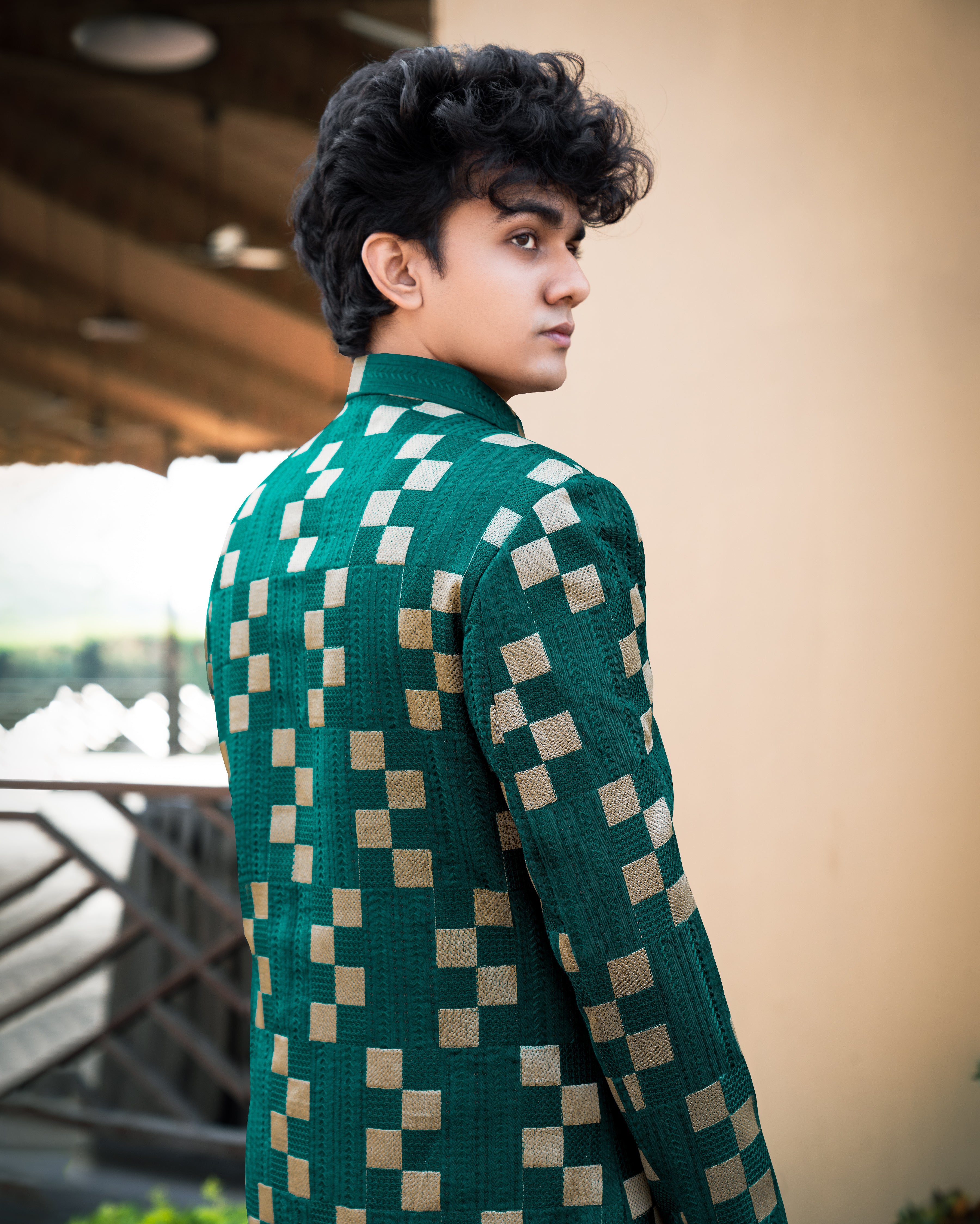 Dark Teal Green with Periglacial Cream Checked Velvet with Cotton Embroidered Thread Work Asymmetrical Patterned Cross Buttoned Bandhgala Sherwani SHR006-SRW05-36, SHR006-SRW05-38, SHR006-SRW05-40, SHR006-SRW05-42, SHR006-SRW05-44, SHR006-SRW05-46, SHR006-SRW05-48, SHR006-SRW05-50, SHR006-SRW05-52, SHR006-SRW05-54, SHR006-SRW05-56, SHR006-SRW05-58, SHR006-SRW05-60