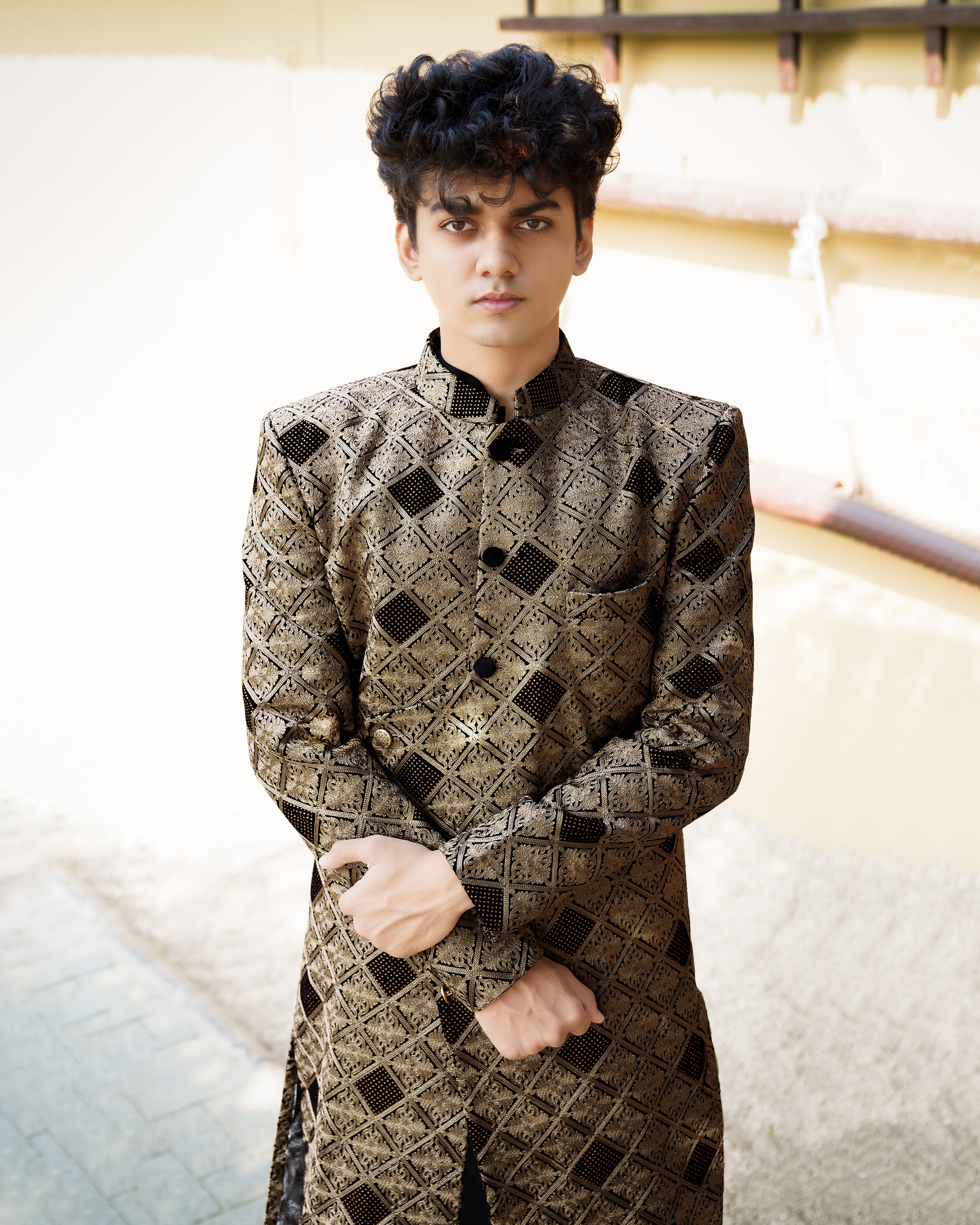 Muesli Brown with Black Velvet Tikki Work with Cotton Embroidered Thread Work Cross Buttoned Bandhgala Sherwani with Kurta and Pyjama SHR008-SRW11-36, SHR008-SRW11-38, SHR008-SRW11-40, SHR008-SRW11-42, SHR008-SRW11-44, SHR008-SRW11-46, SHR008-SRW11-48, SHR008-SRW11-50, SHR008-SRW11-52, SHR008-SRW11-54, SHR008-SRW11-56, SHR008-SRW11-58, SHR008-SRW11-60