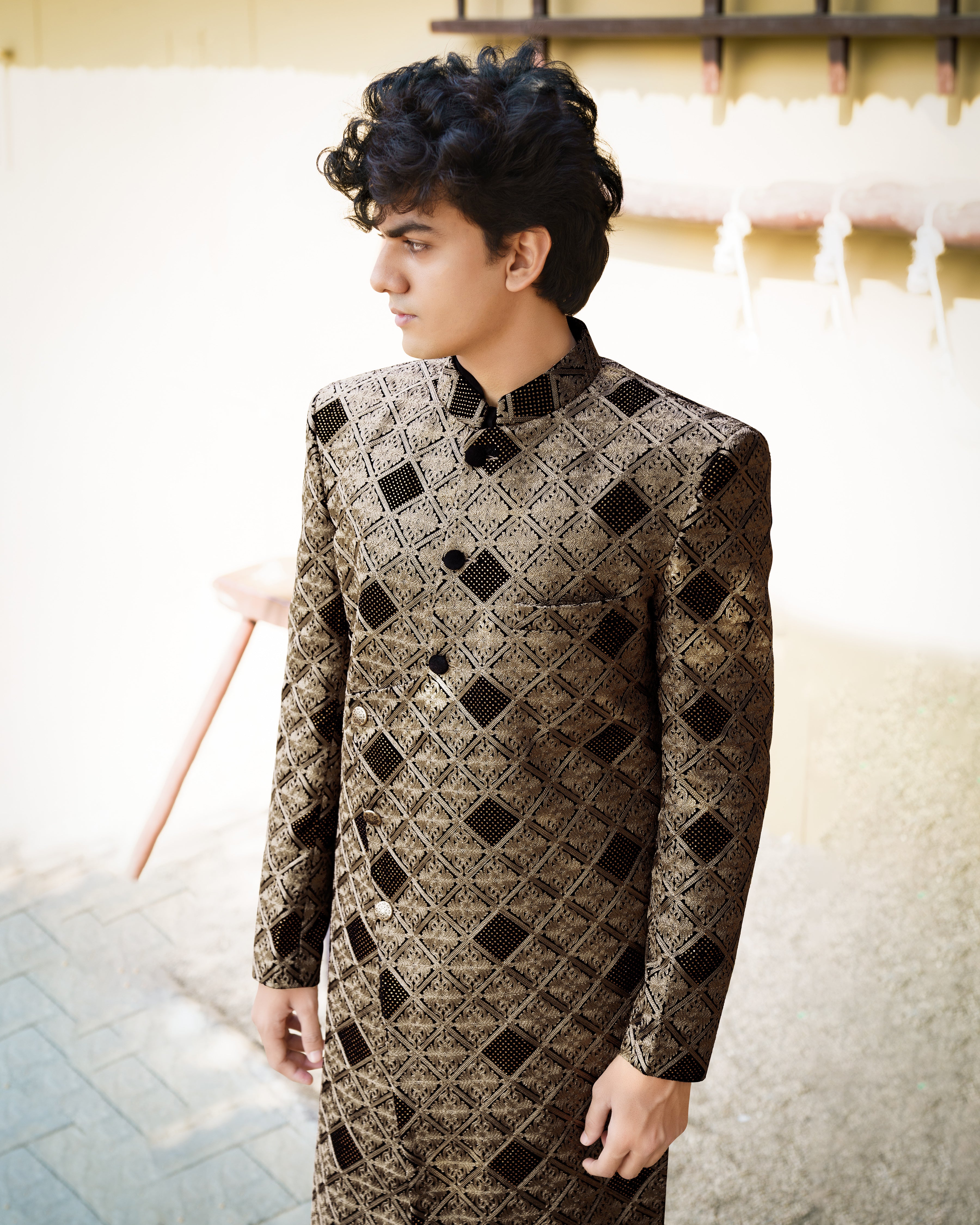 Muesli Brown with Black Velvet Tikki Work with Cotton Embroidered Thread Work Cross Buttoned Bandhgala Sherwani with Kurta and Pyjama SHR008-SRW11-36, SHR008-SRW11-38, SHR008-SRW11-40, SHR008-SRW11-42, SHR008-SRW11-44, SHR008-SRW11-46, SHR008-SRW11-48, SHR008-SRW11-50, SHR008-SRW11-52, SHR008-SRW11-54, SHR008-SRW11-56, SHR008-SRW11-58, SHR008-SRW11-60