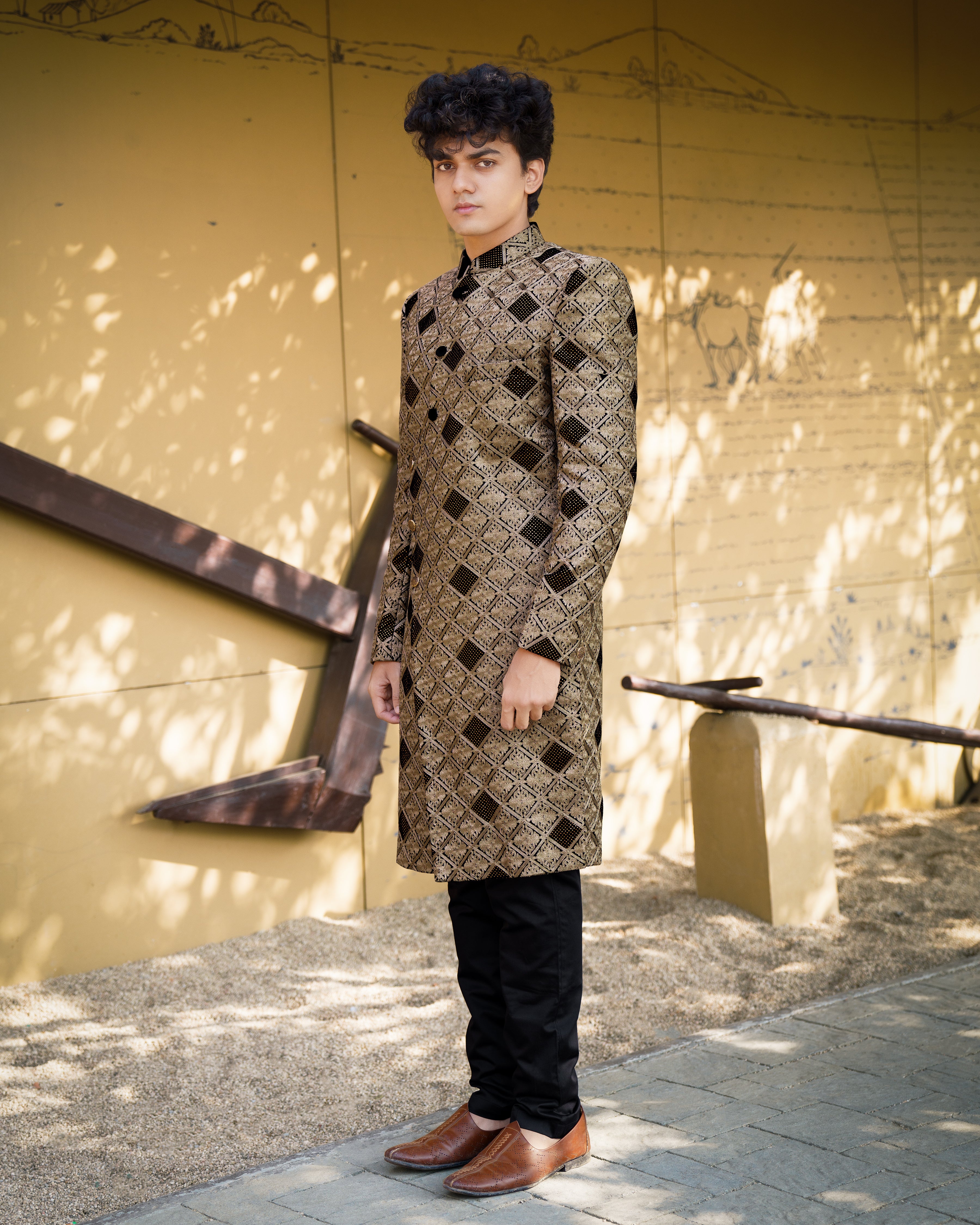 Muesli Brown with Black Textured Premium Wedding Sherwani For Men