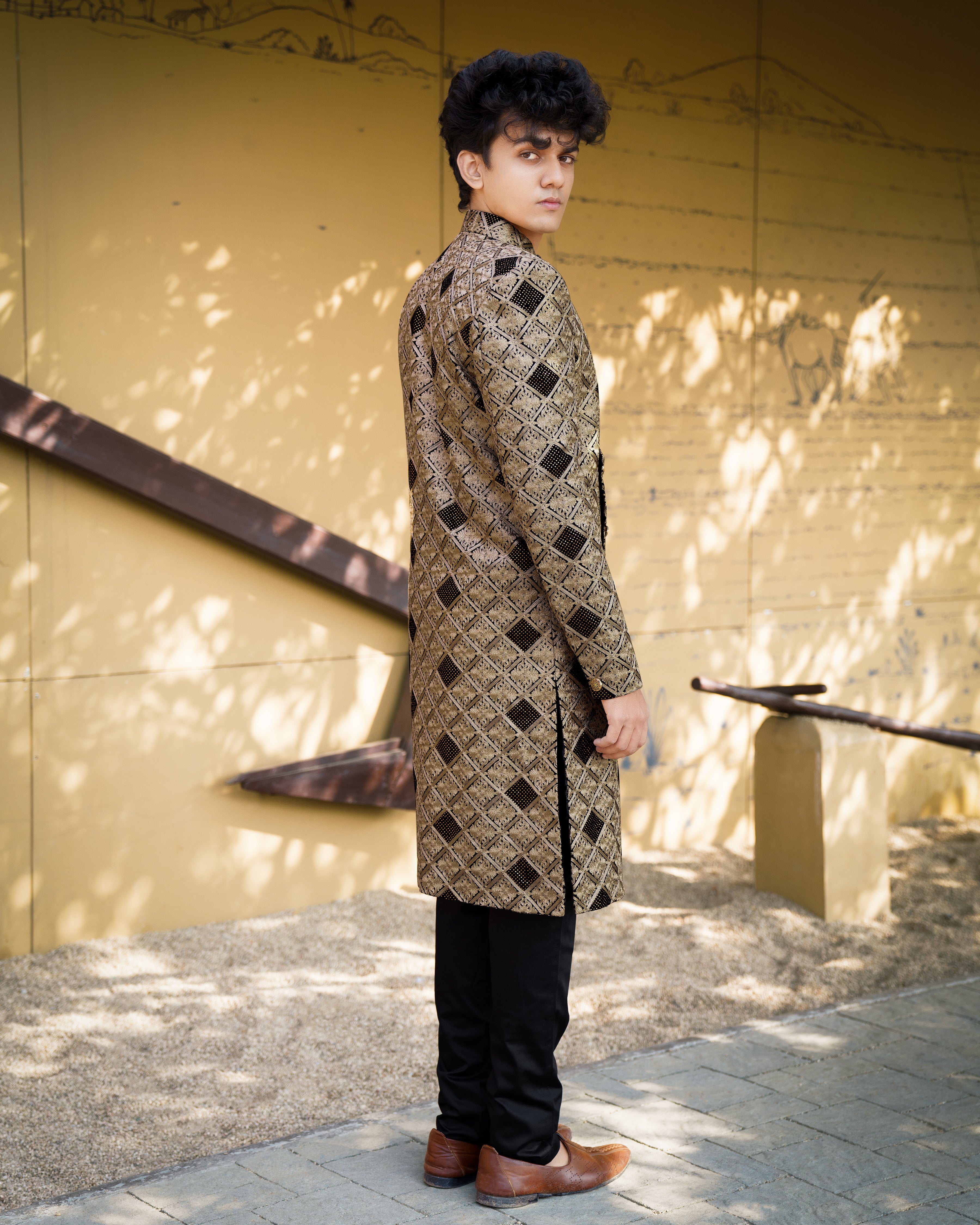 Muesli Brown with Black Velvet Tikki Work with Embroidered Work Sherwani with Kurta, Pajama Set SH008-SRW11-36, SH008-SRW11-38, SH008-SRW11-40, SH008-SRW11-42, SH008-SRW11-44, SH008-SRW11-46, SH008-SRW11-48, SH008-SRW11-50, SH008-SRW11-52, SH008-SRW11-54, SH008-SRW11-56, SH008-SRW11-58, SH008-SRW11-60