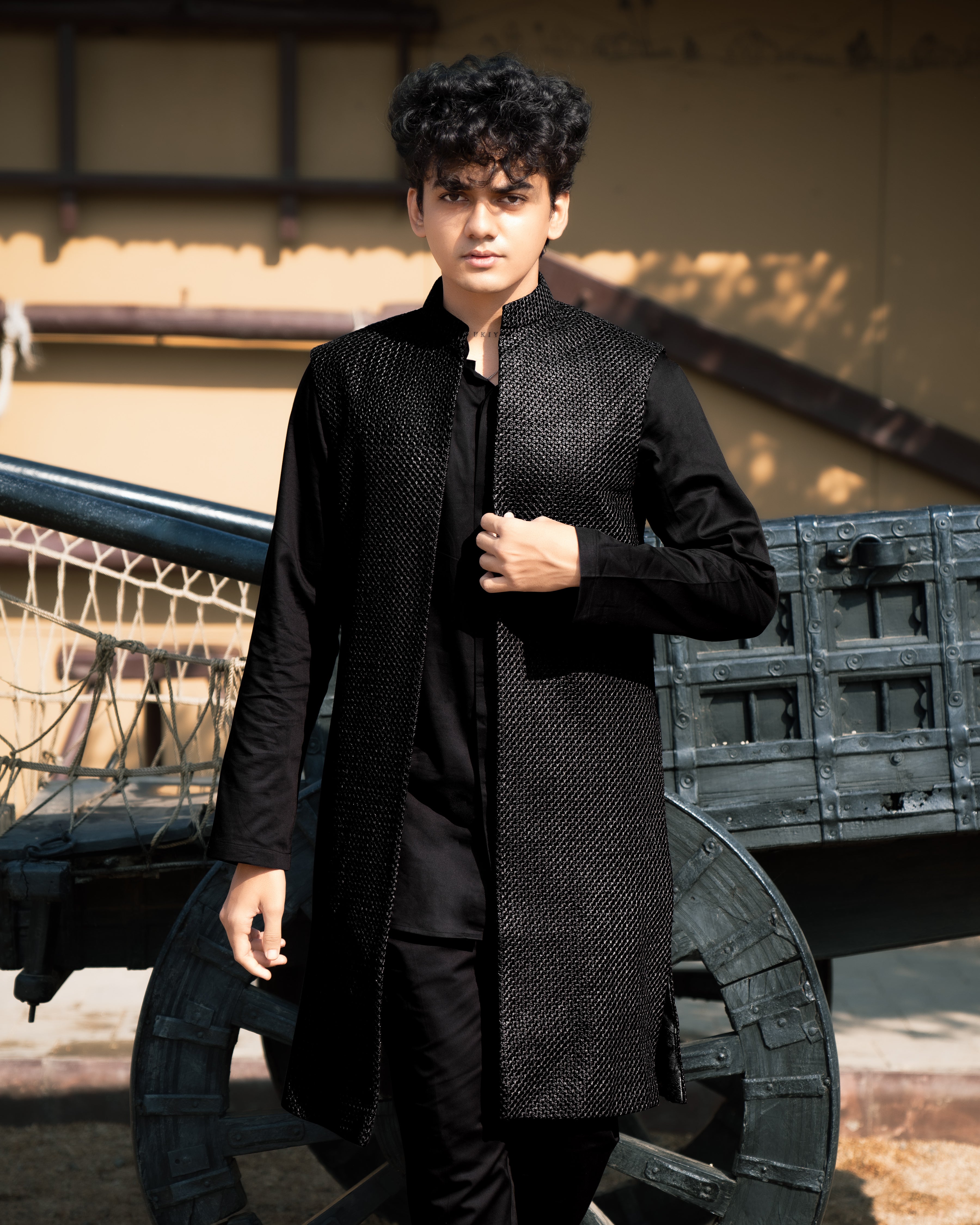 Jade Black with Textured Indo-western Set with Kurta Shirt and Pant SH009-SRW16-36, SH009-SRW16-38, SH009-SRW16-40, SH009-SRW16-42, SH009-SRW16-44, SH009-SRW16-46, SH009-SRW16-48, SH009-SRW16-50, SH009-SRW16-52, SH009-SRW16-54, SH009-SRW16-56, SH009-SRW16-58, SH009-SRW16-60