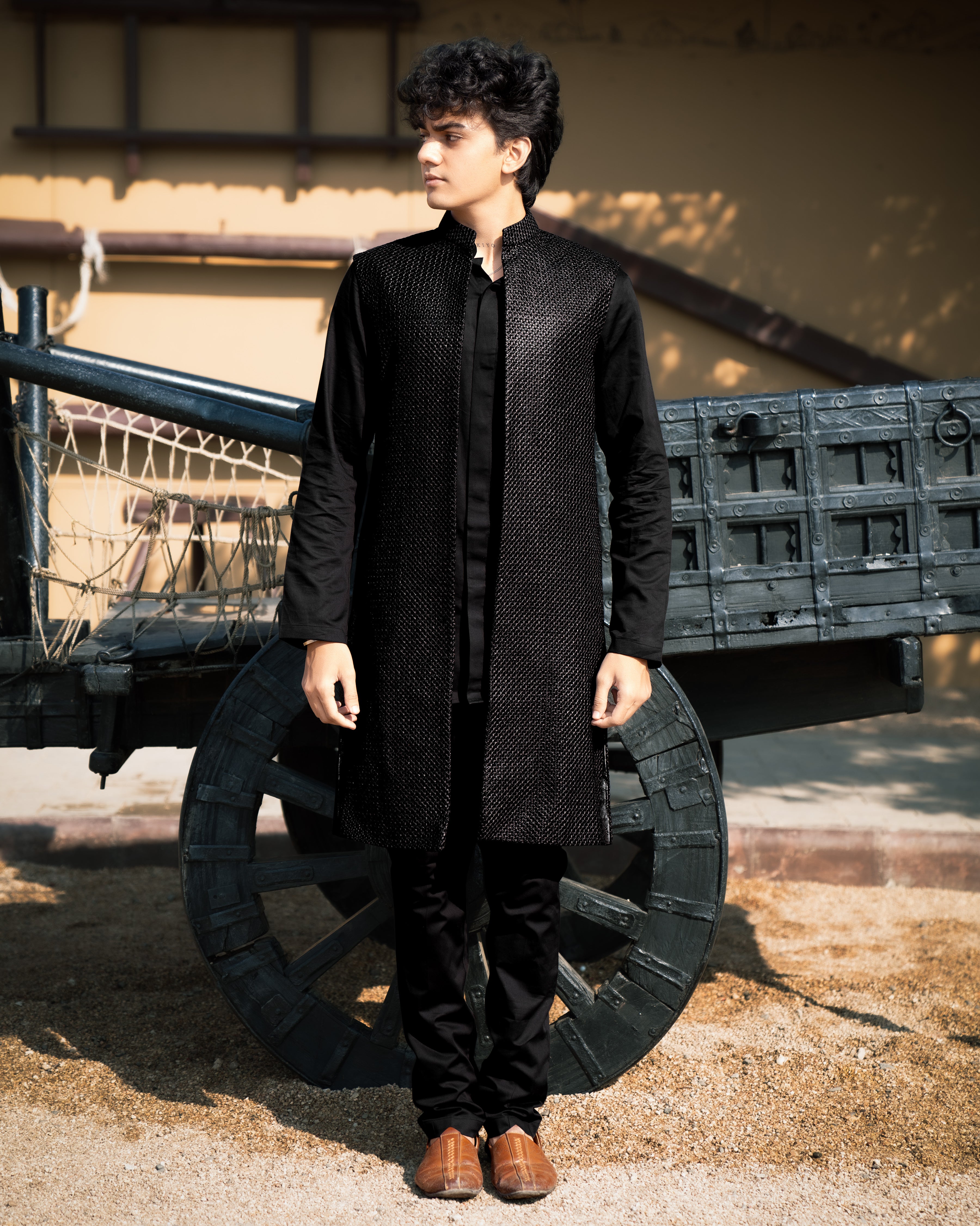 Jade Black with Textured Indo-western Set with Kurta Shirt and Pant SH009-SRW16-36, SH009-SRW16-38, SH009-SRW16-40, SH009-SRW16-42, SH009-SRW16-44, SH009-SRW16-46, SH009-SRW16-48, SH009-SRW16-50, SH009-SRW16-52, SH009-SRW16-54, SH009-SRW16-56, SH009-SRW16-58, SH009-SRW16-60