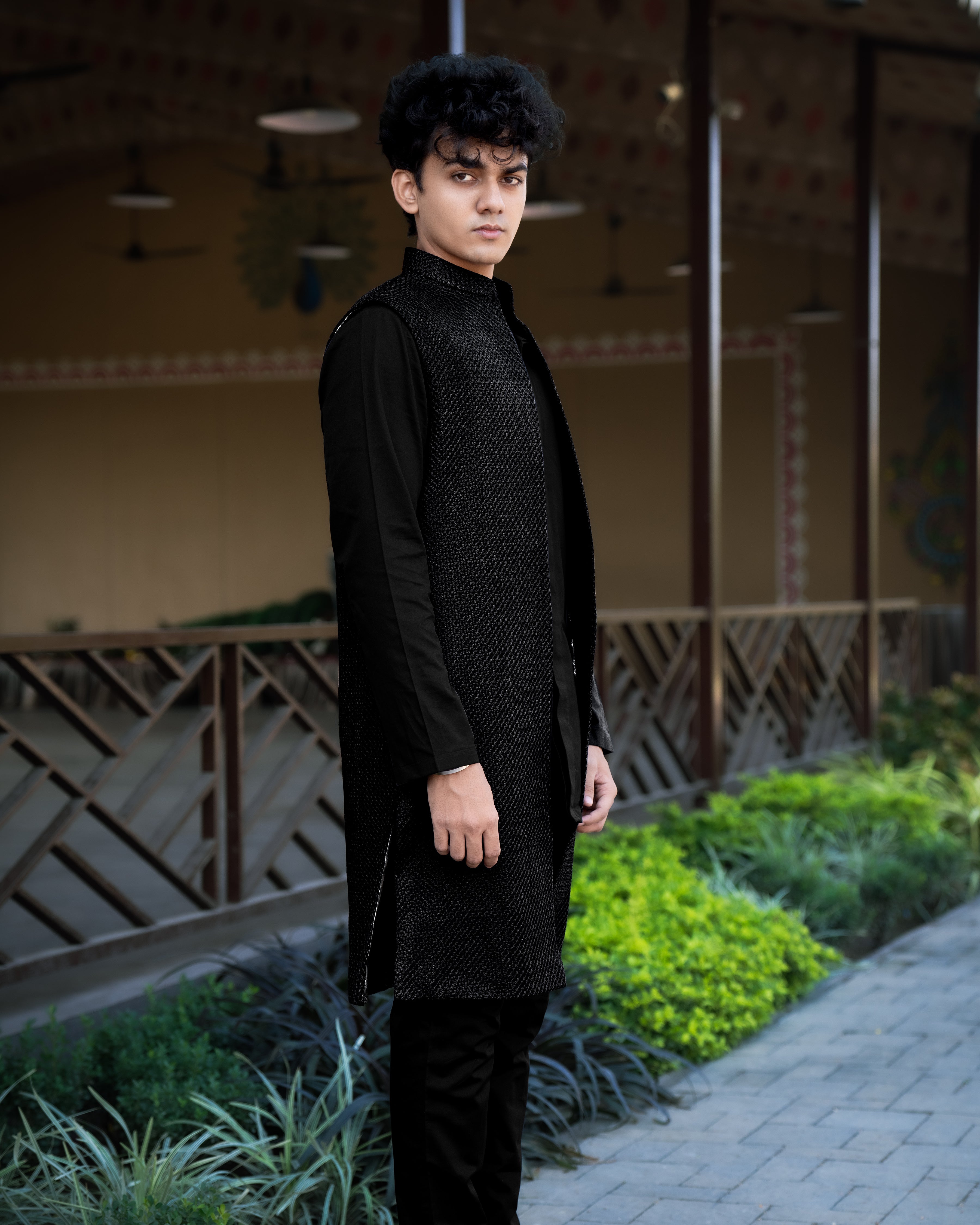 Jade Black with Textured Indo-western Set with Kurta Shirt and Pant SH009-SRW16-36, SH009-SRW16-38, SH009-SRW16-40, SH009-SRW16-42, SH009-SRW16-44, SH009-SRW16-46, SH009-SRW16-48, SH009-SRW16-50, SH009-SRW16-52, SH009-SRW16-54, SH009-SRW16-56, SH009-SRW16-58, SH009-SRW16-60