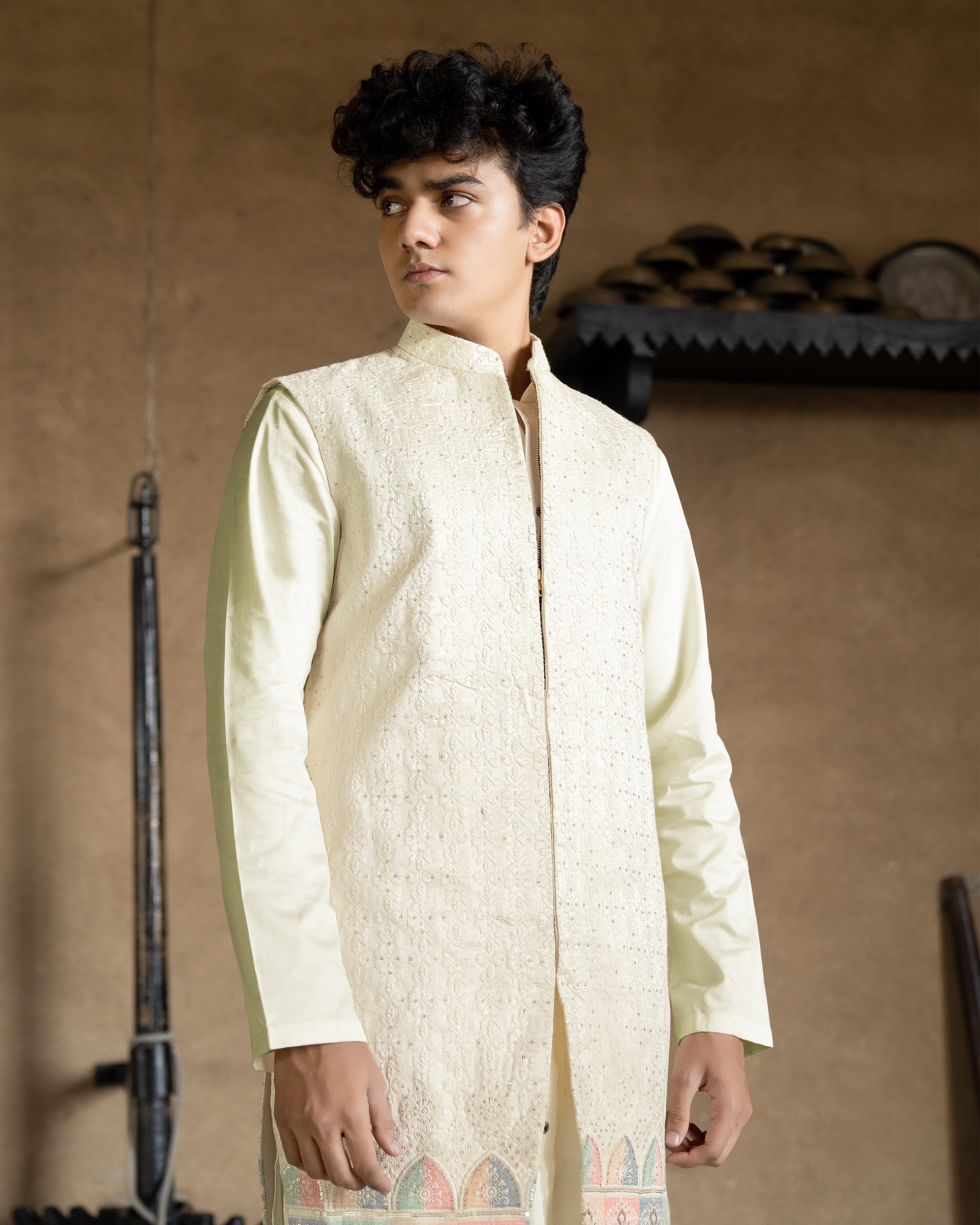 Mercury Beige Bandhgala Sherwani with Kurta, Pyjama and Half-Sleeved Jacket